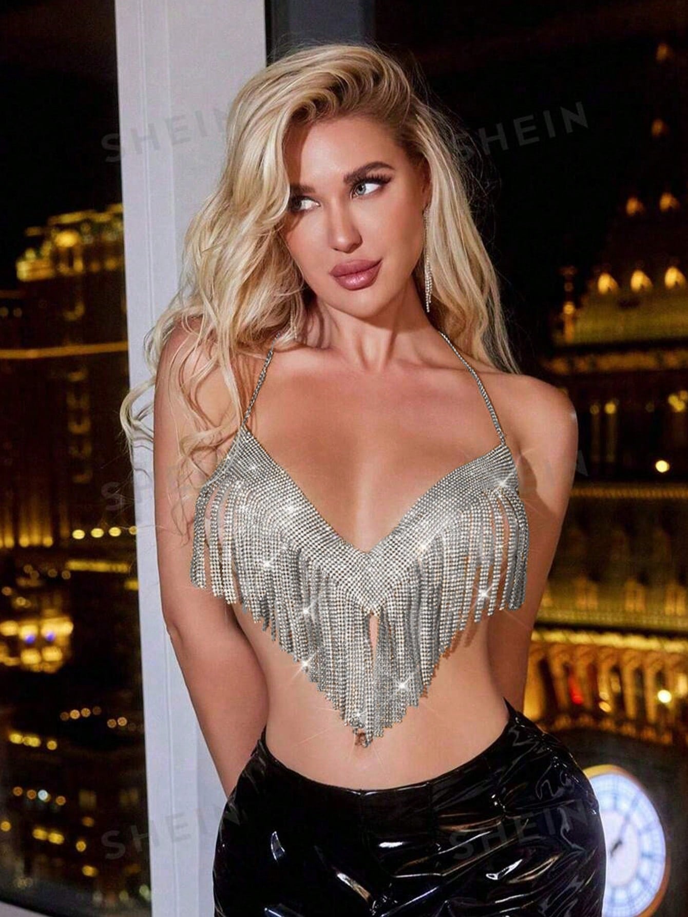 Women's Silver Rhinestone Fringe Halter Neck Corset Top