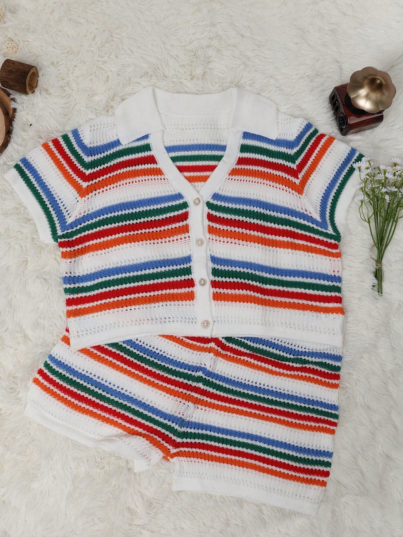 Women's Multicolor Striped Polyester Blend 2-Piece Knit Top and Shorts Set