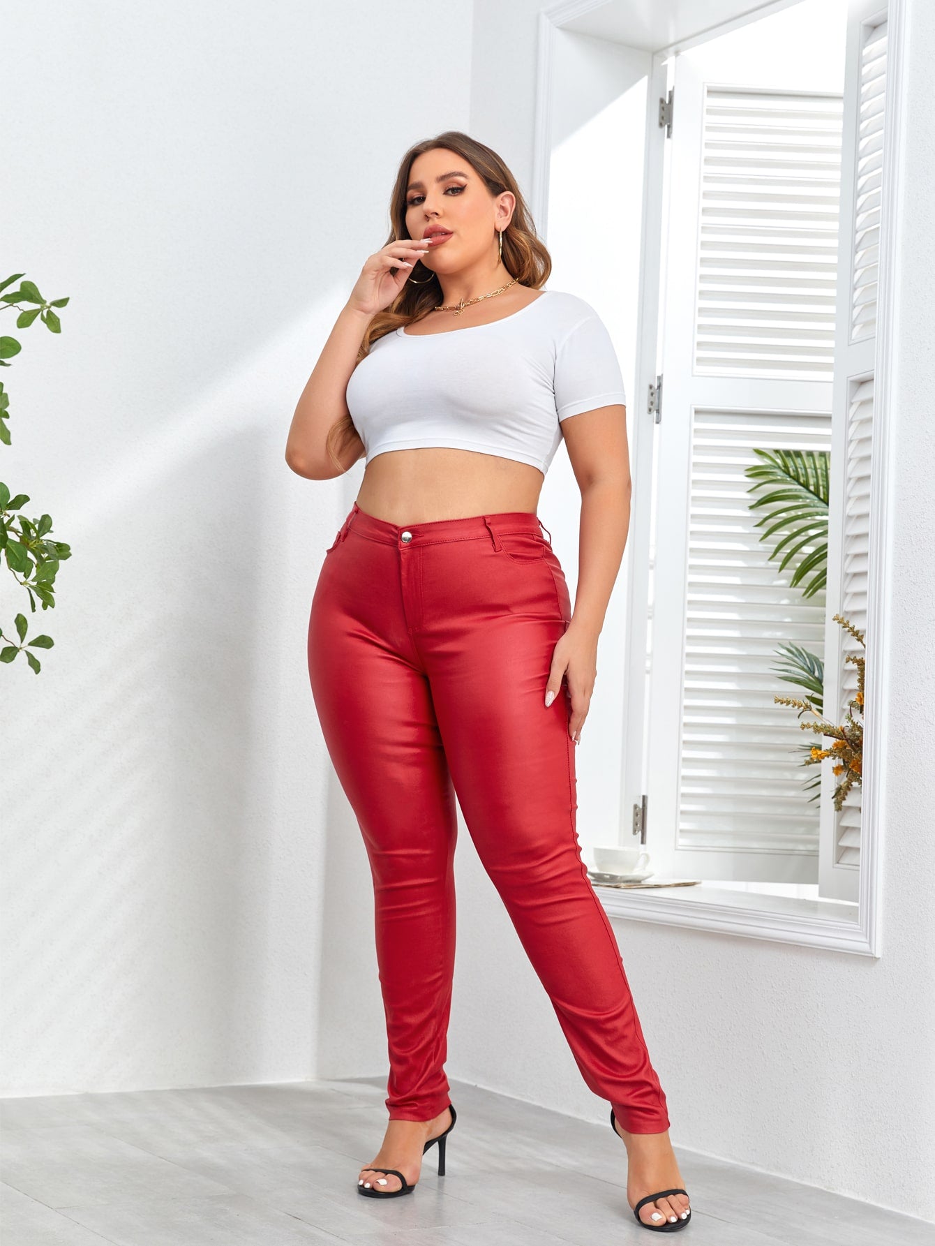 Women's Plus Size Women's Red High Waist Skinny PU Leather Pants
