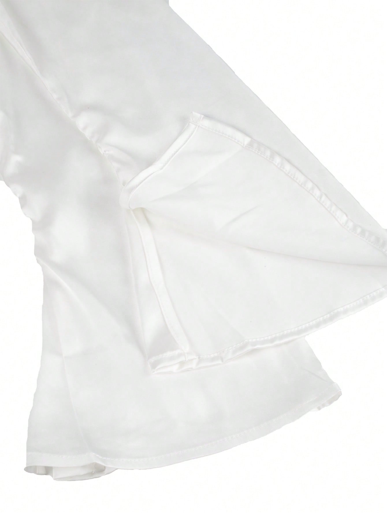 Women's White Satin Tie-Front V-Neck Top with Long Sleeves