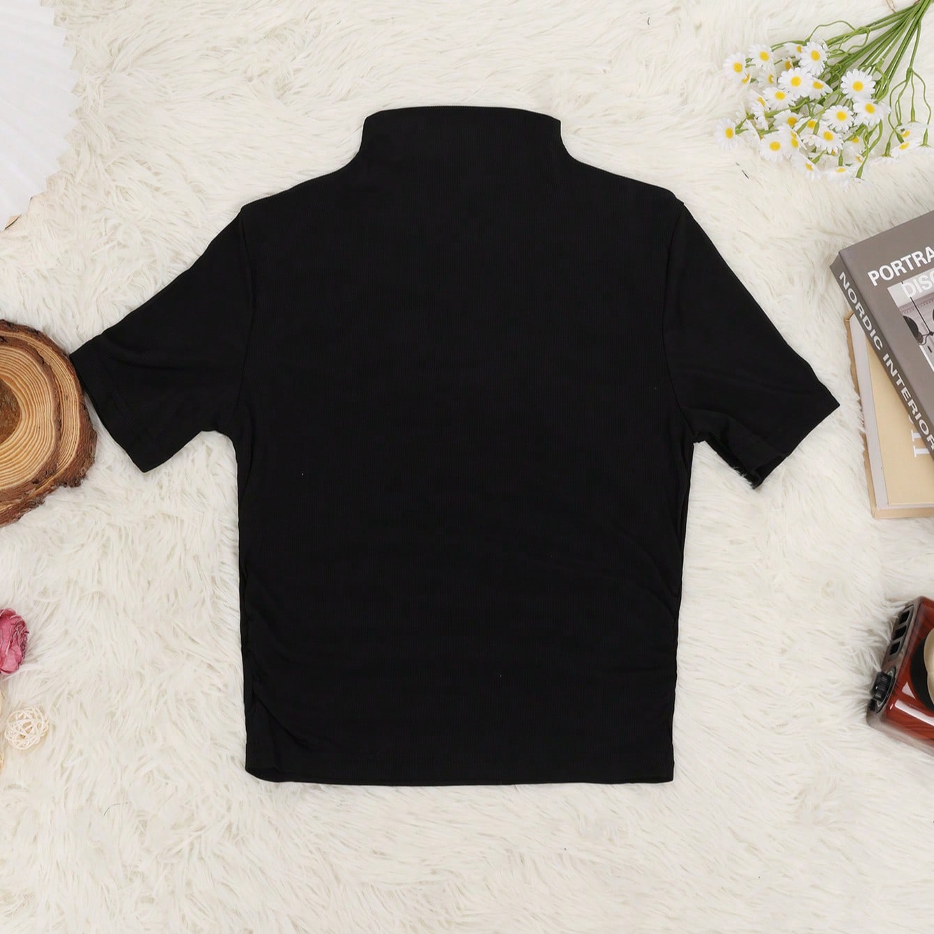 Women's Women Black Short Sleeve Mock Neck Top Slim Fit Casual Tee