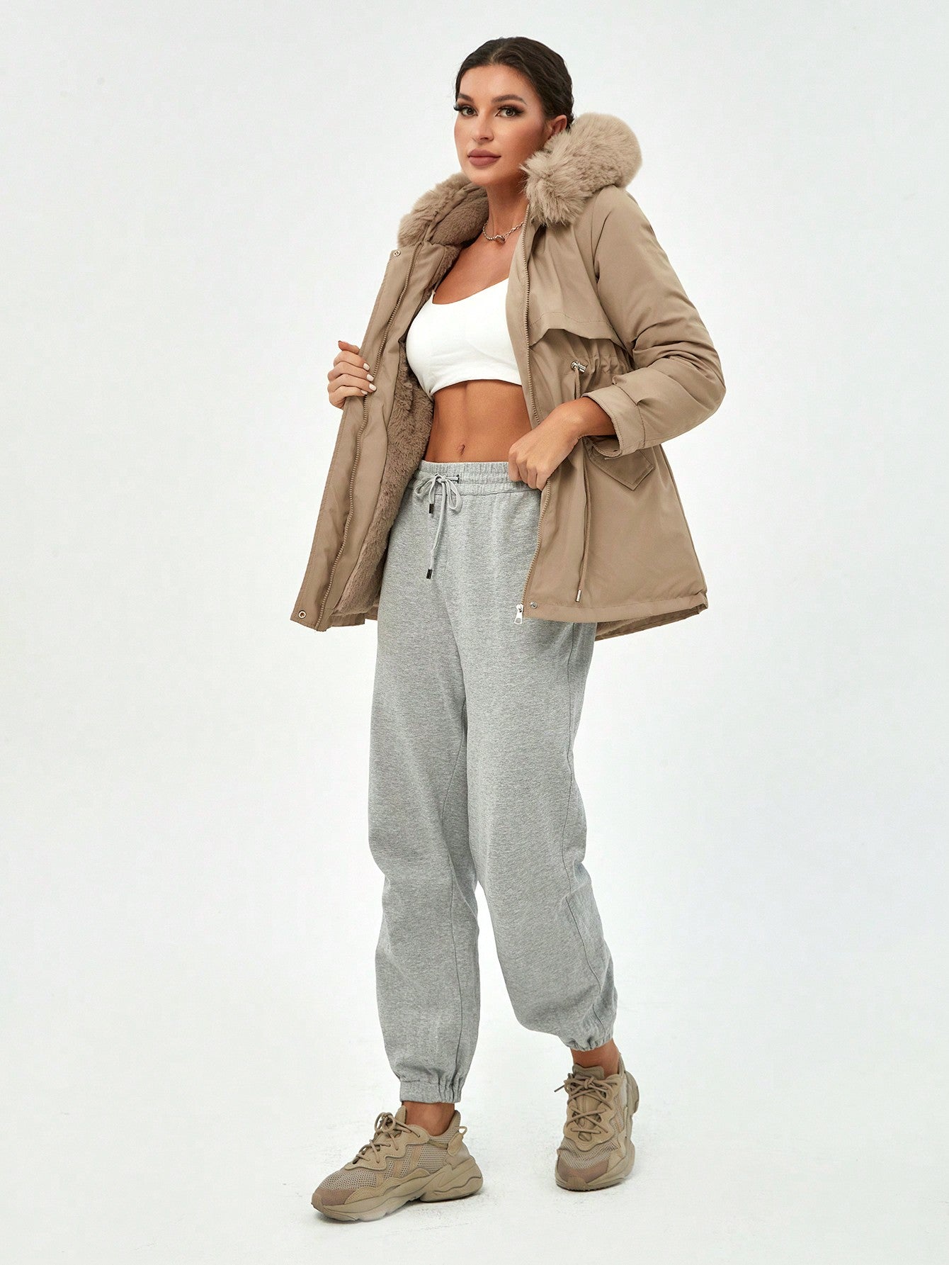 Women's khaki Faux Fur Hooded Puffer Jacket, Casual Warm Winter Outerwear with Trendy Design