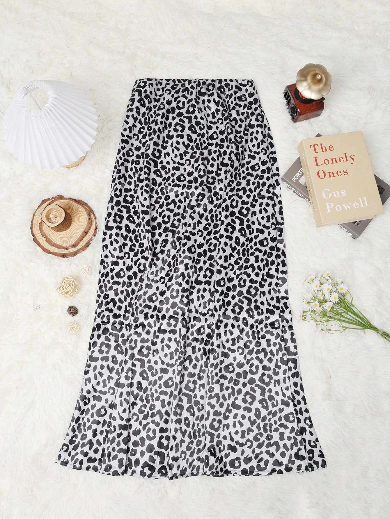 Women's Black and White Leopard Print High Waist Maxi Skirt