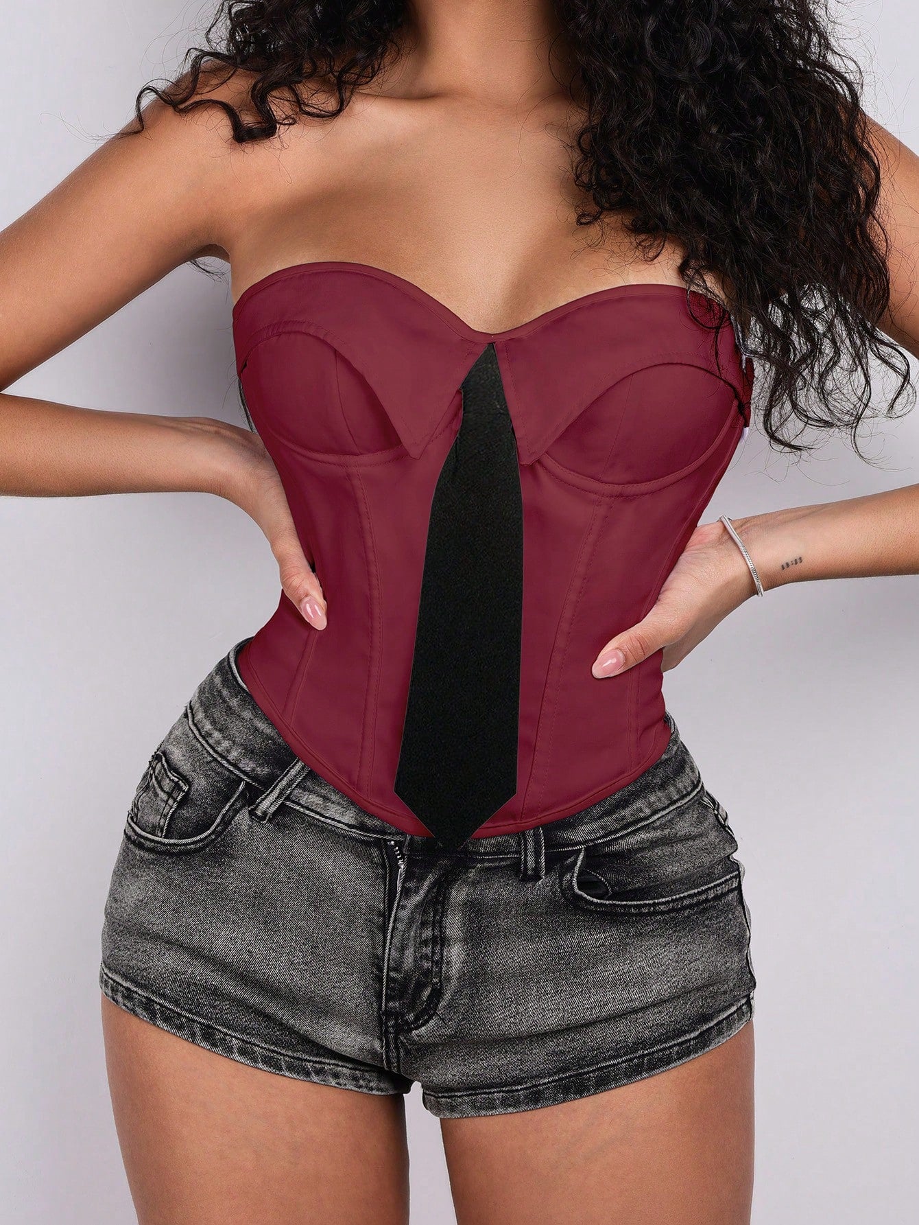Women's Wine Red Faux Leather Bustier corset top with strapless