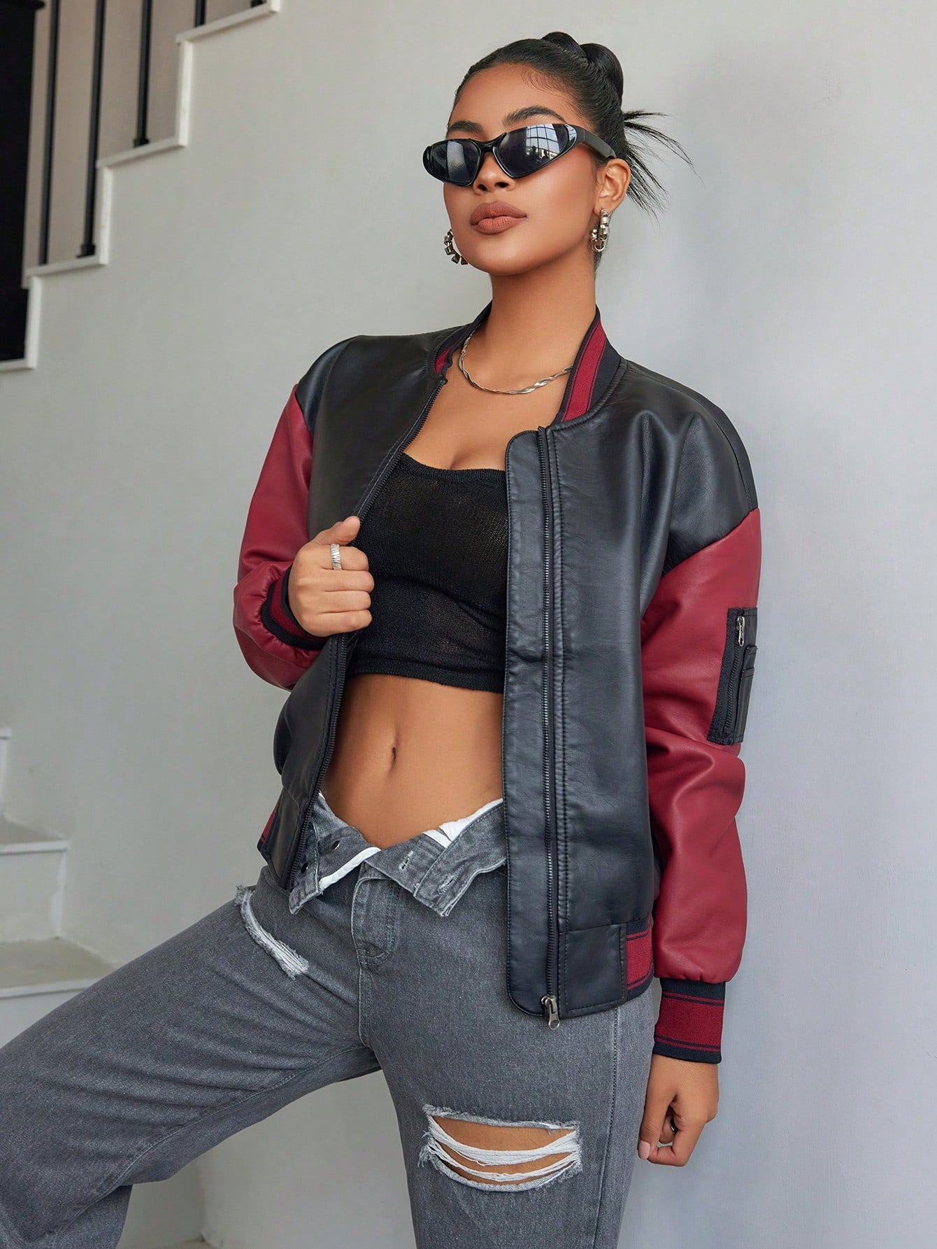 Women's Black & Red Color-Block Bomber Jacket - Edgy Casual & Streetwear Statement Outerwear