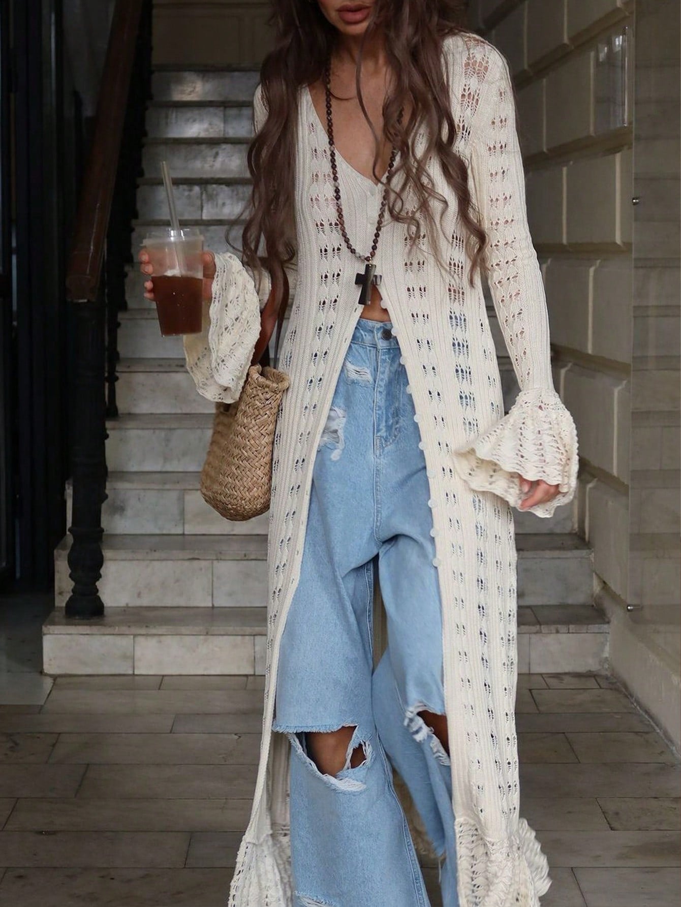 Women's Elegant White Pointelle Knit Maxi Cardigan with Ruffle Hem