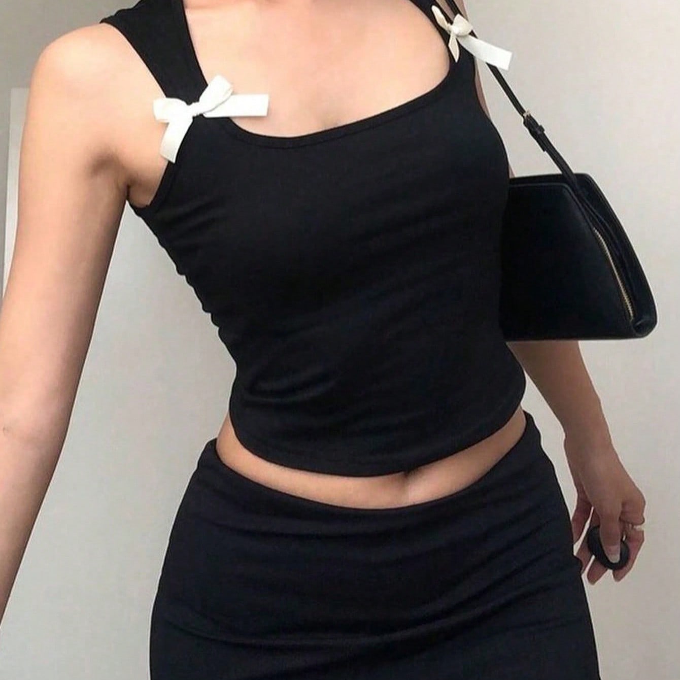 Women's Black Square Neck Two Piece Set - Crop Top and Mini Skirt