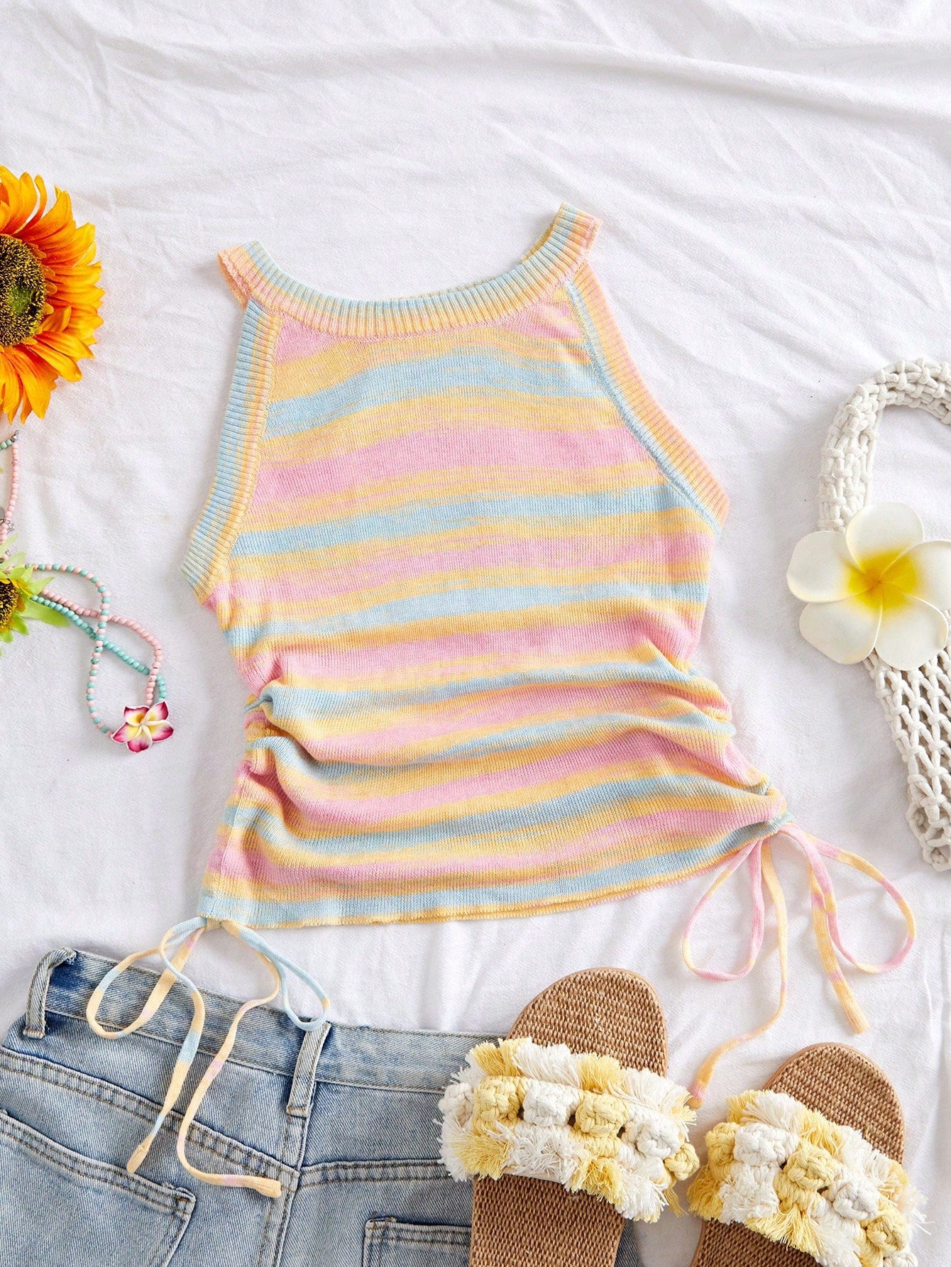 Women's Multi-Color Striped Knit Sleeveless Tank Top with Side Drawstring