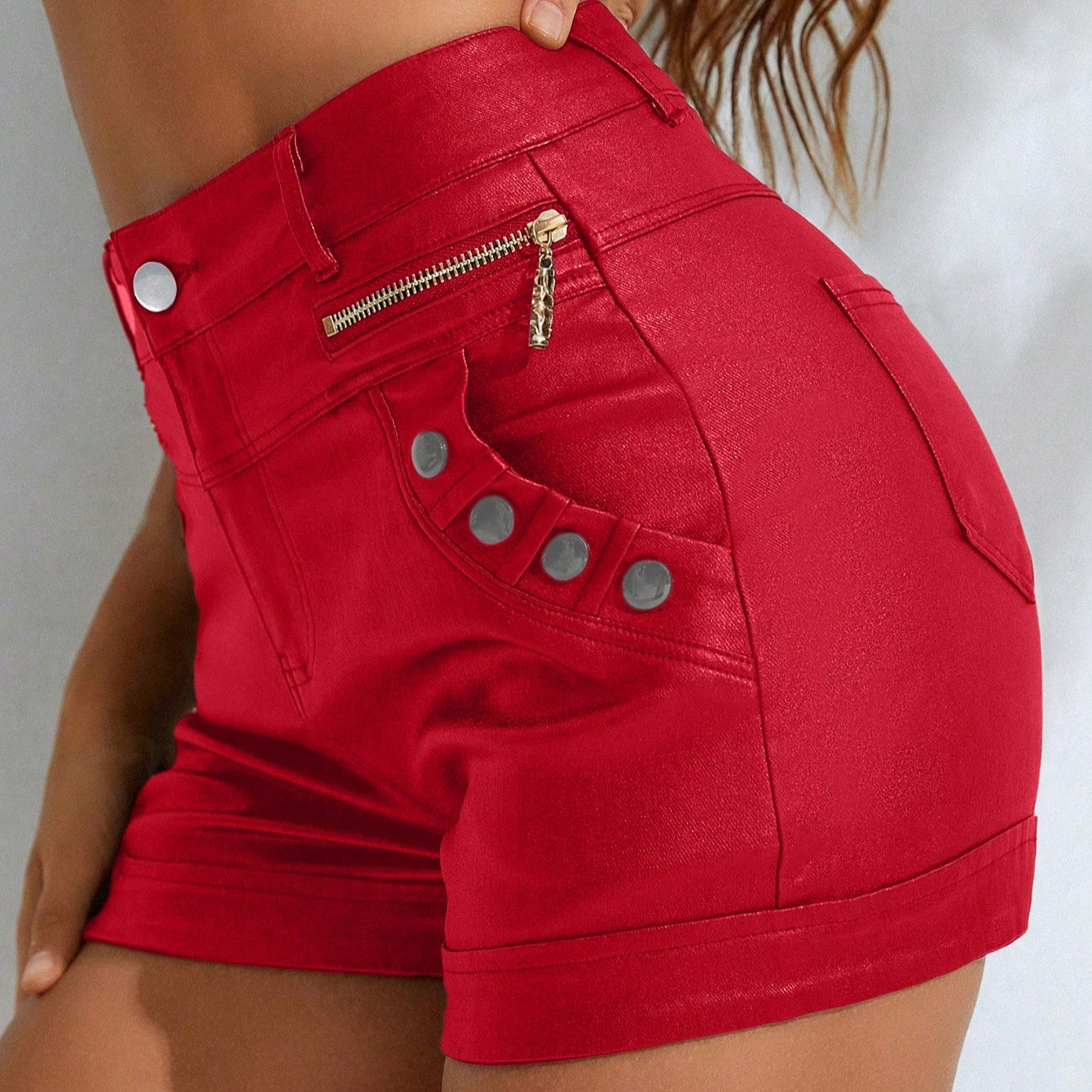 Women's Red PU Coated High-Waist Zipper Mini Denim Shorts with Studded Pocket