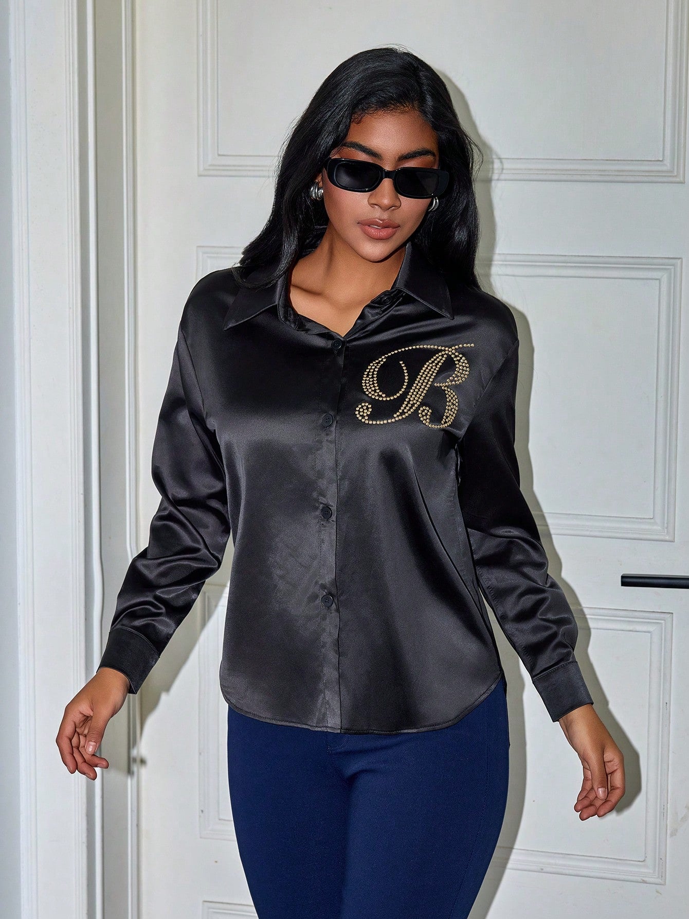 Women's Elegant Satin Button Down Shirt with Rhinestone Detail