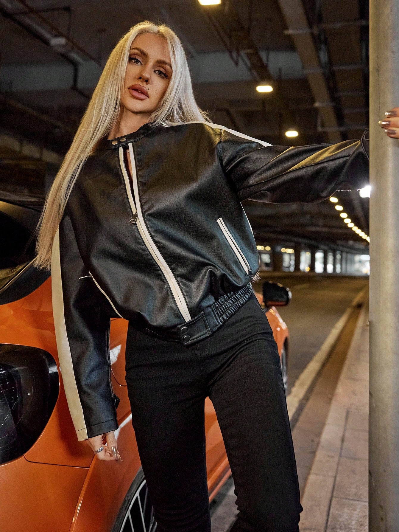 Women's Contrast Trim Faux Leather Bomber Jacket