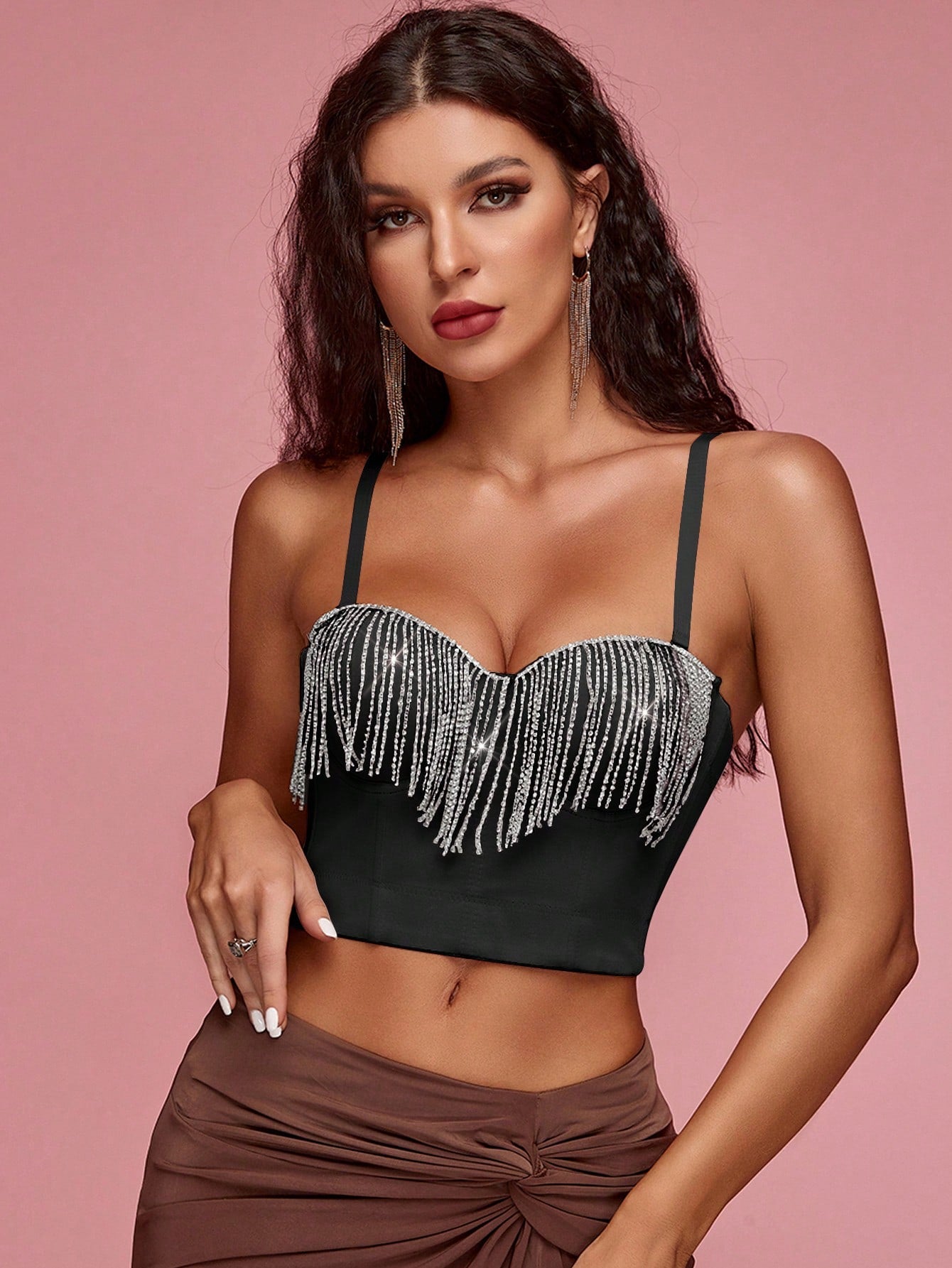 Women's Black Rhinestone Fringe Bustier Corset Top