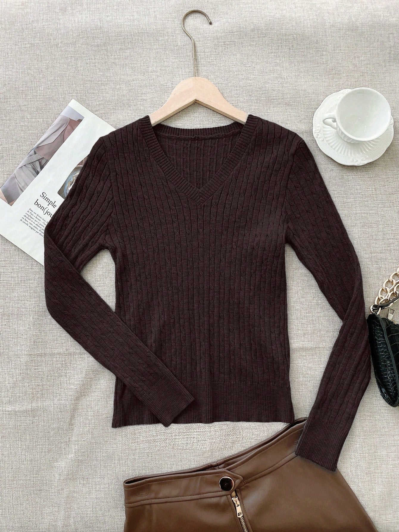 Women's Brown Ribbed Knit Midi Bodycon Dress