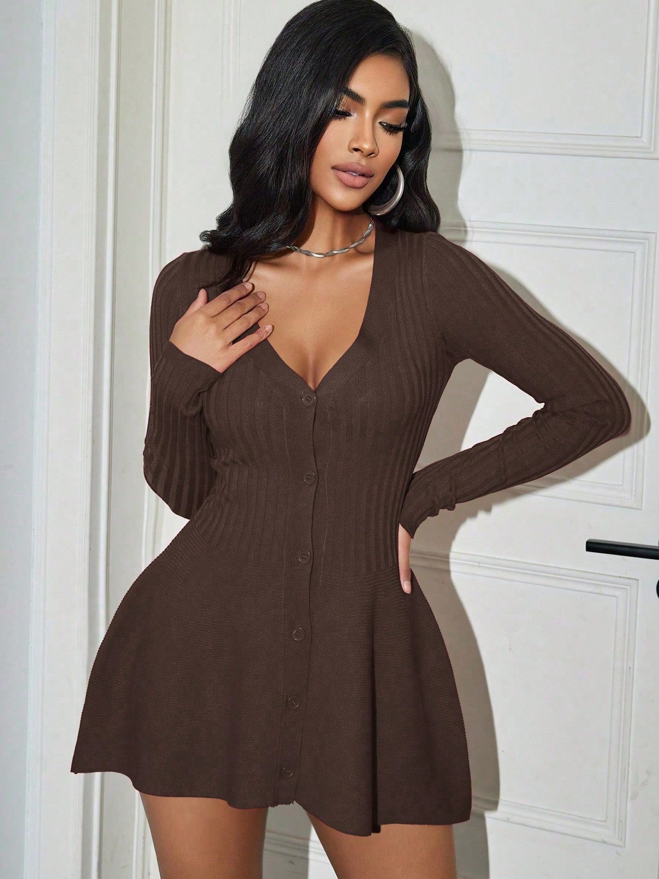 Women's Brown Ribbed Knit Midi bodycon dress with sleeveless