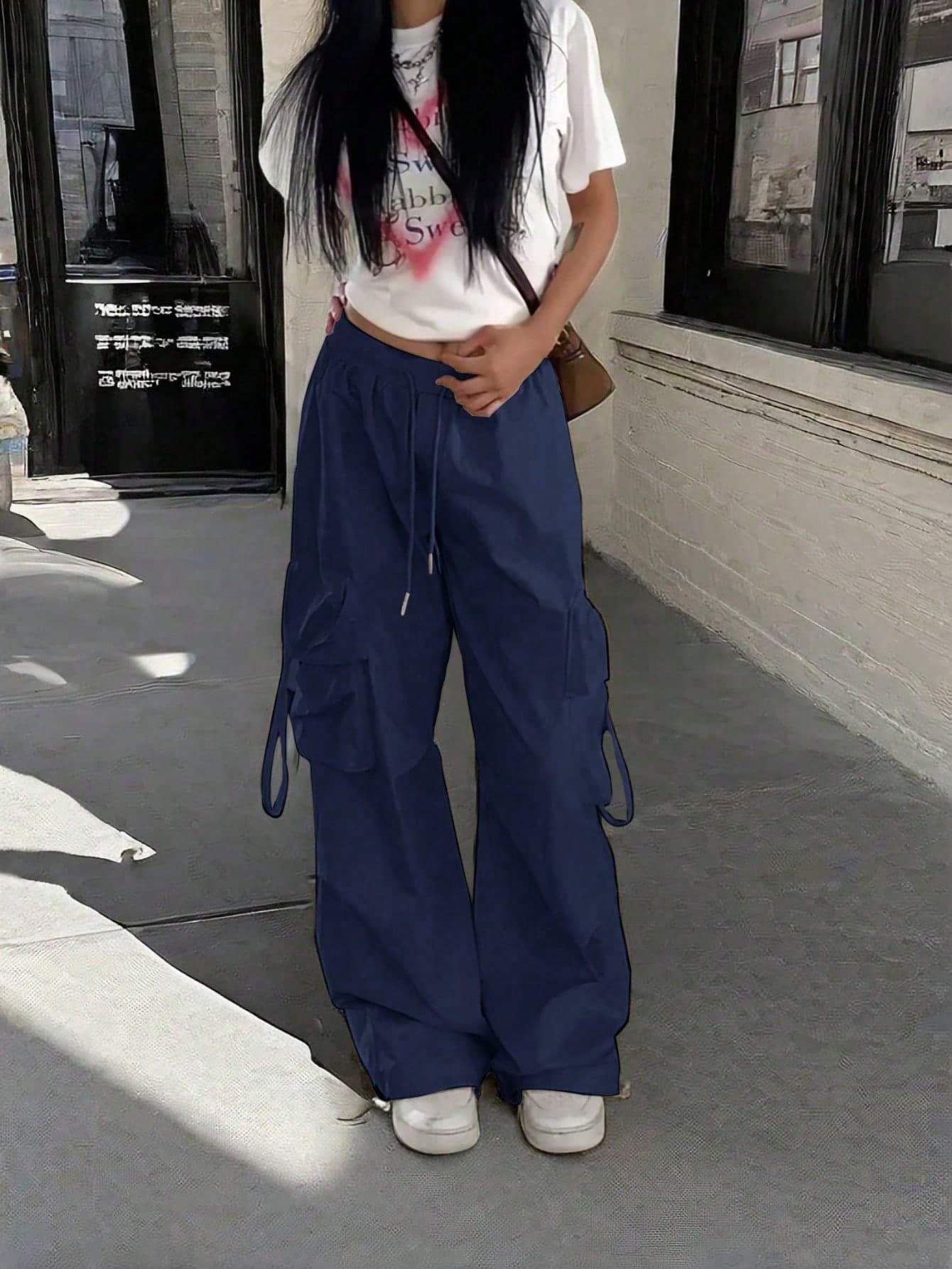 Women's Navy Blue Cotton Full-length cargo pants with cargo pockets