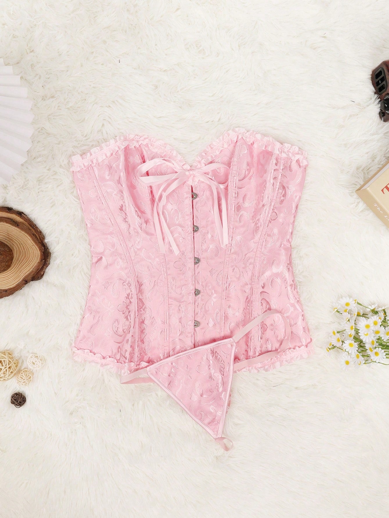 Women's Pink Brocade Ruffle Trim Lace-Up Corset Bustier Top