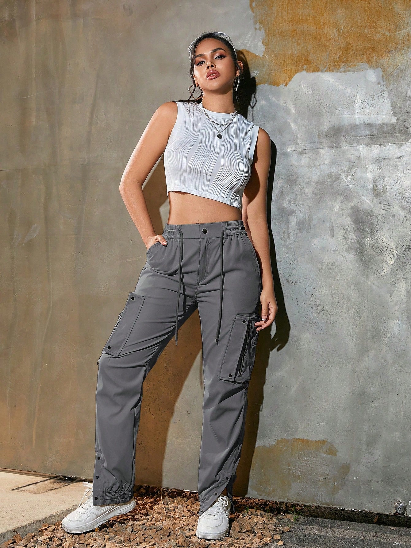 Women's Dark Grey High Waisted Zipper Detail Cargo Pants Streetwear Trousers