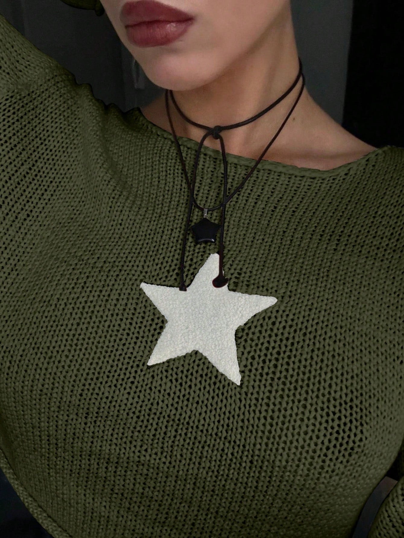 Women's Olive Green Knitted Sweater with White Star Detail, Casual Chic Cropped Pullover