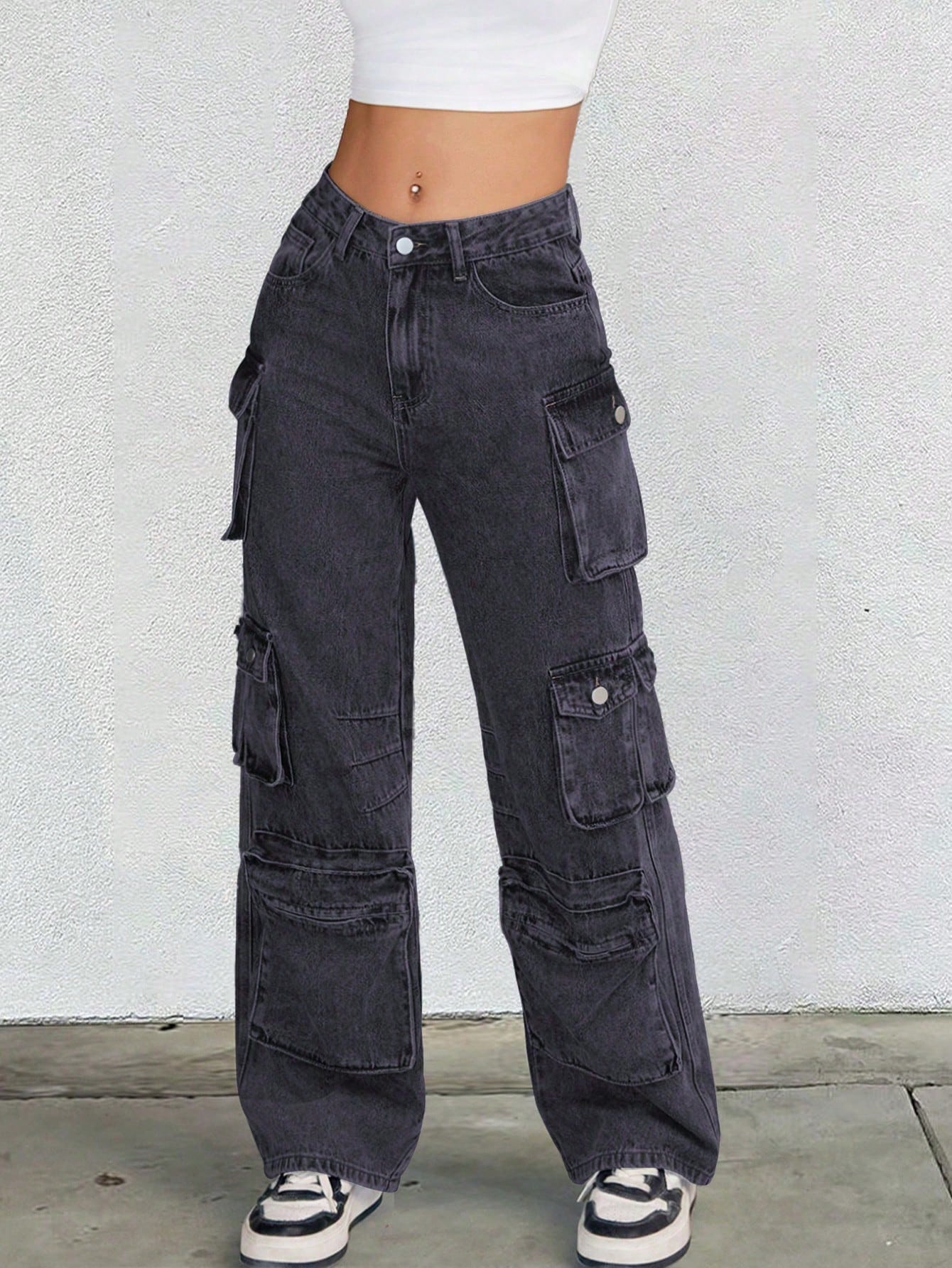 Women's Smoke Black Denim Full-length wide-leg jeans with wide-leg