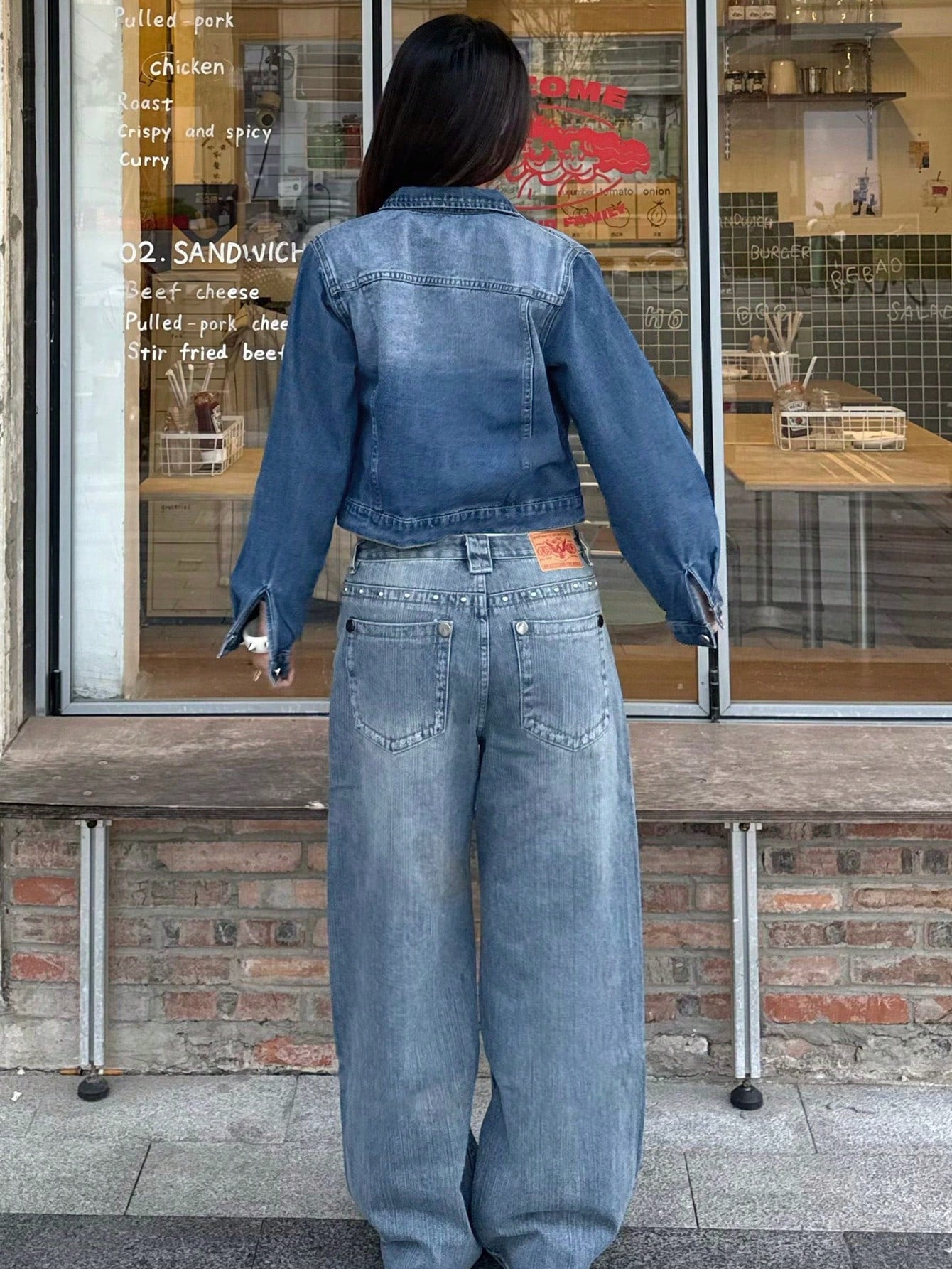 Women's Blue Cotton-Blend Cropped Denim Jacket with Button-Down Front