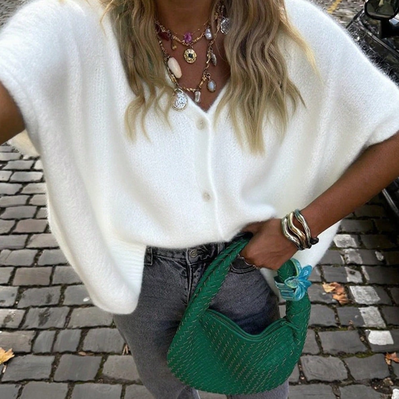 Women's Oversized White Knit Cardigan with Batwing Sleeves