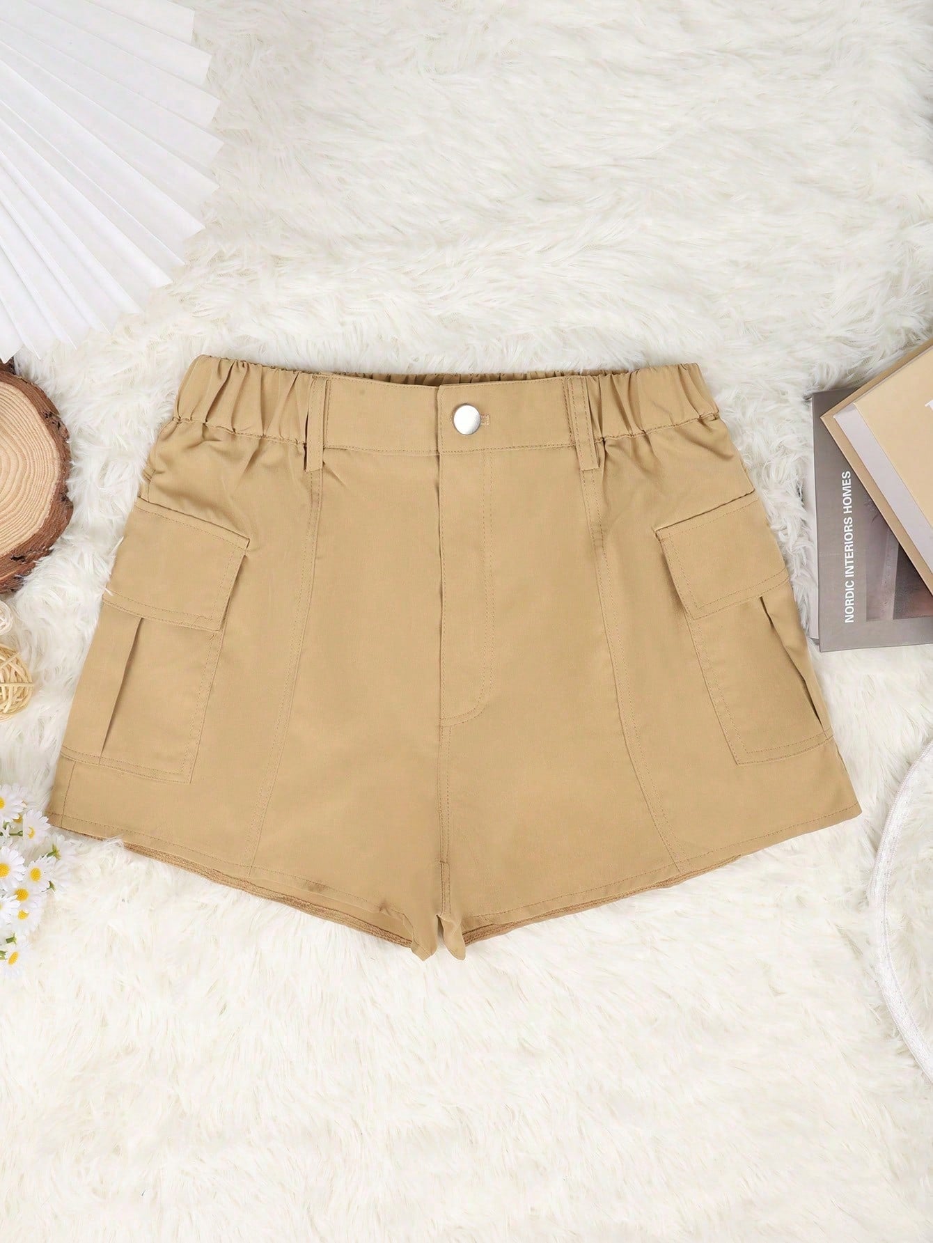 Women's Khaki Cotton Full-length cargo pants with cargo pockets