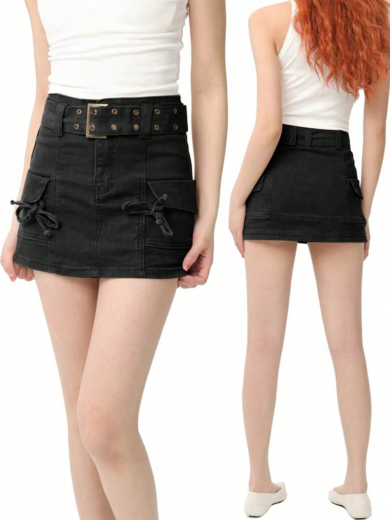 Women's Multi-Color Cargo Mini Skirt - Belted Ruched Skirt with Pockets, Y2K Street Style