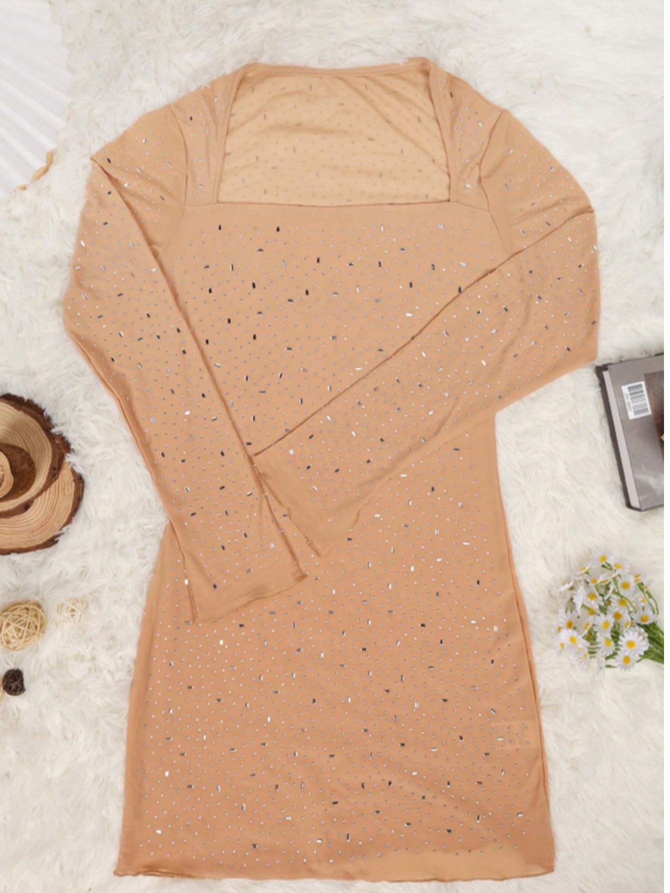 Women's Apricot Polyester Blend Square Neck Sequin Long Sleeve Bodycon Mini Dress