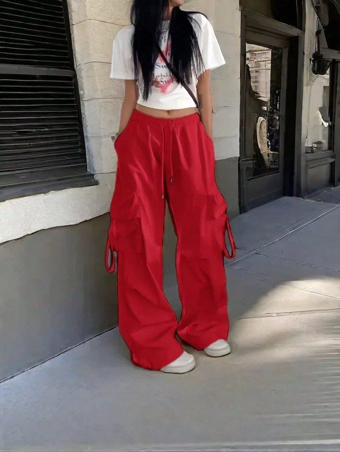 Women's Red Cotton Full-length cargo pants with cargo pockets
