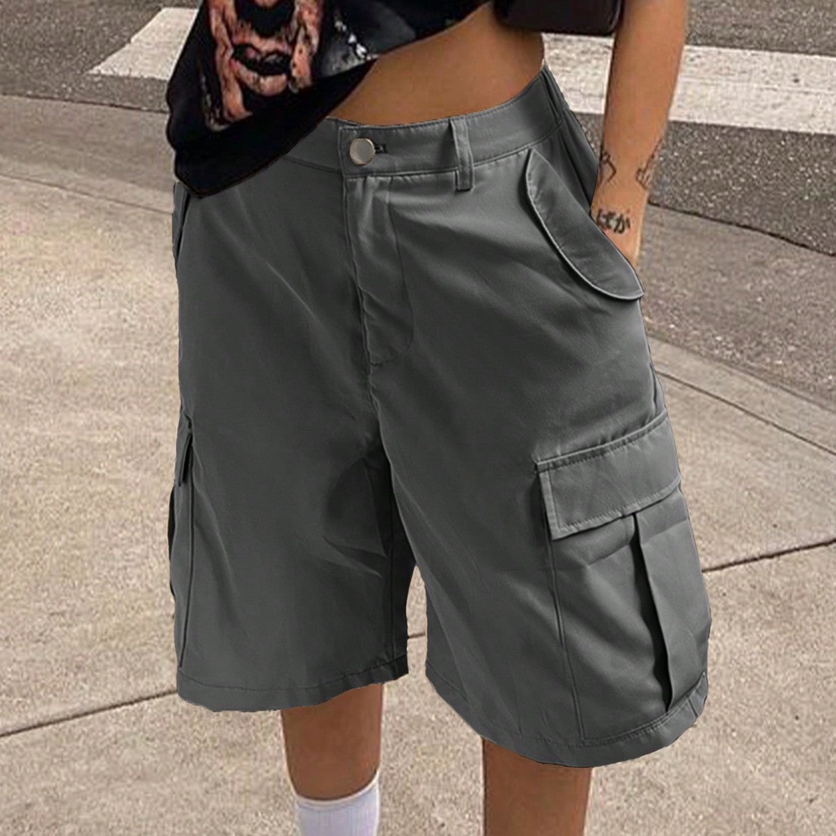 Women'S Dark Grey Casual Cargo Shorts With Side Pockets - Cargo Shorts, Streetwear, Pockets