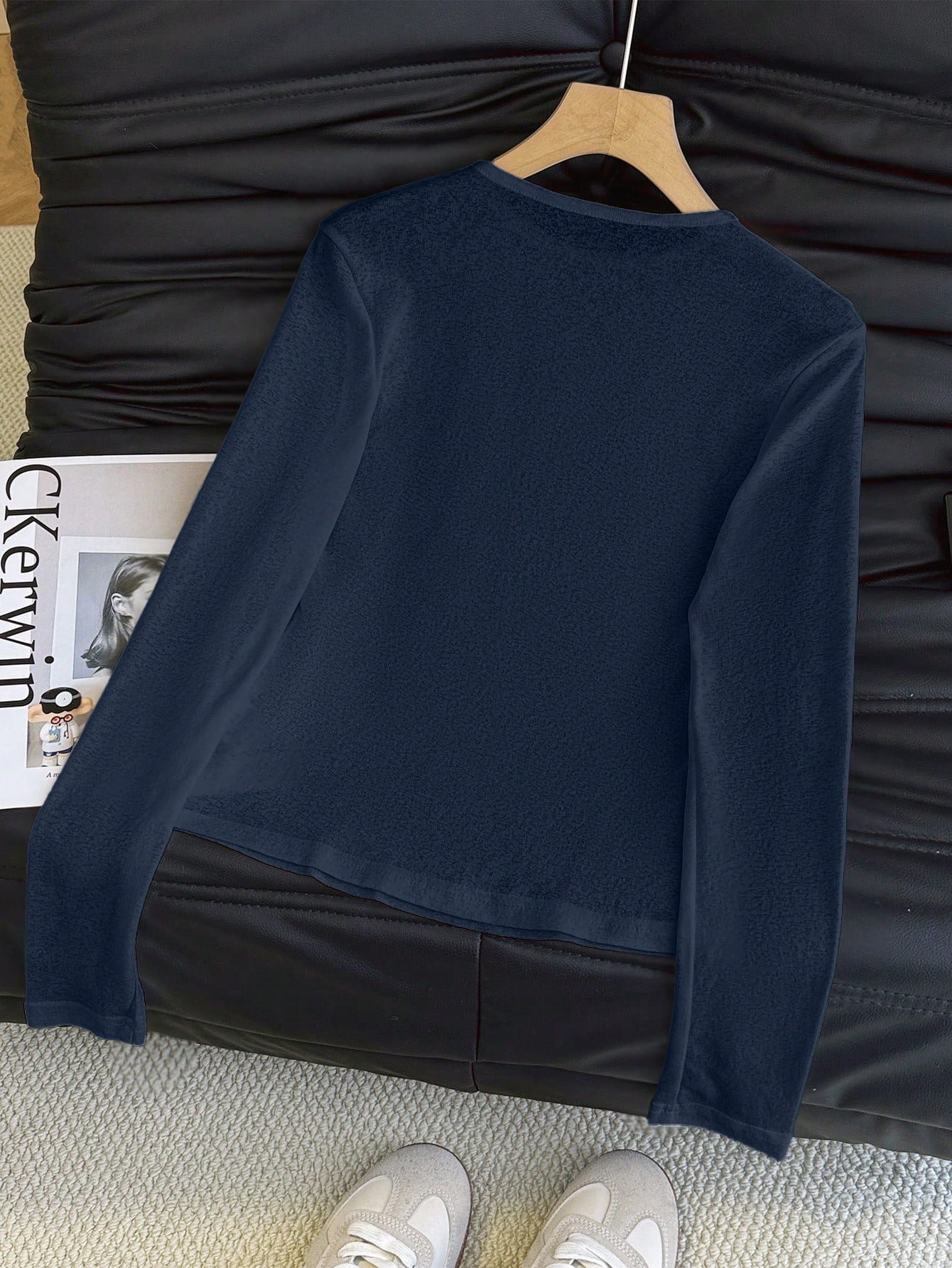 Women's Women Basic Navy Blue Long Sleeve T-Shirt Slim Fit Crew Neck Tee