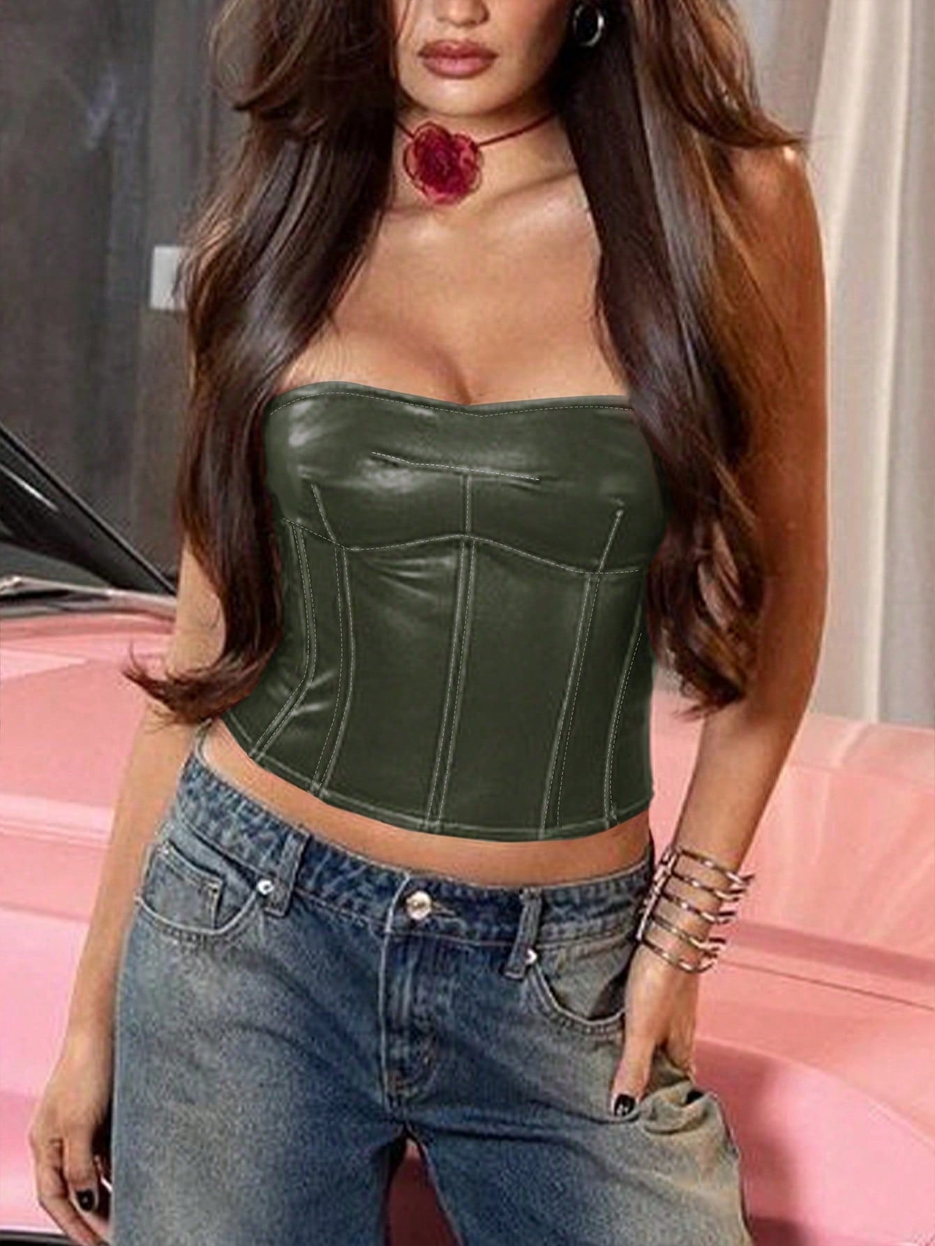 Women's Army Green Faux Leather Bustier corset top with strapless