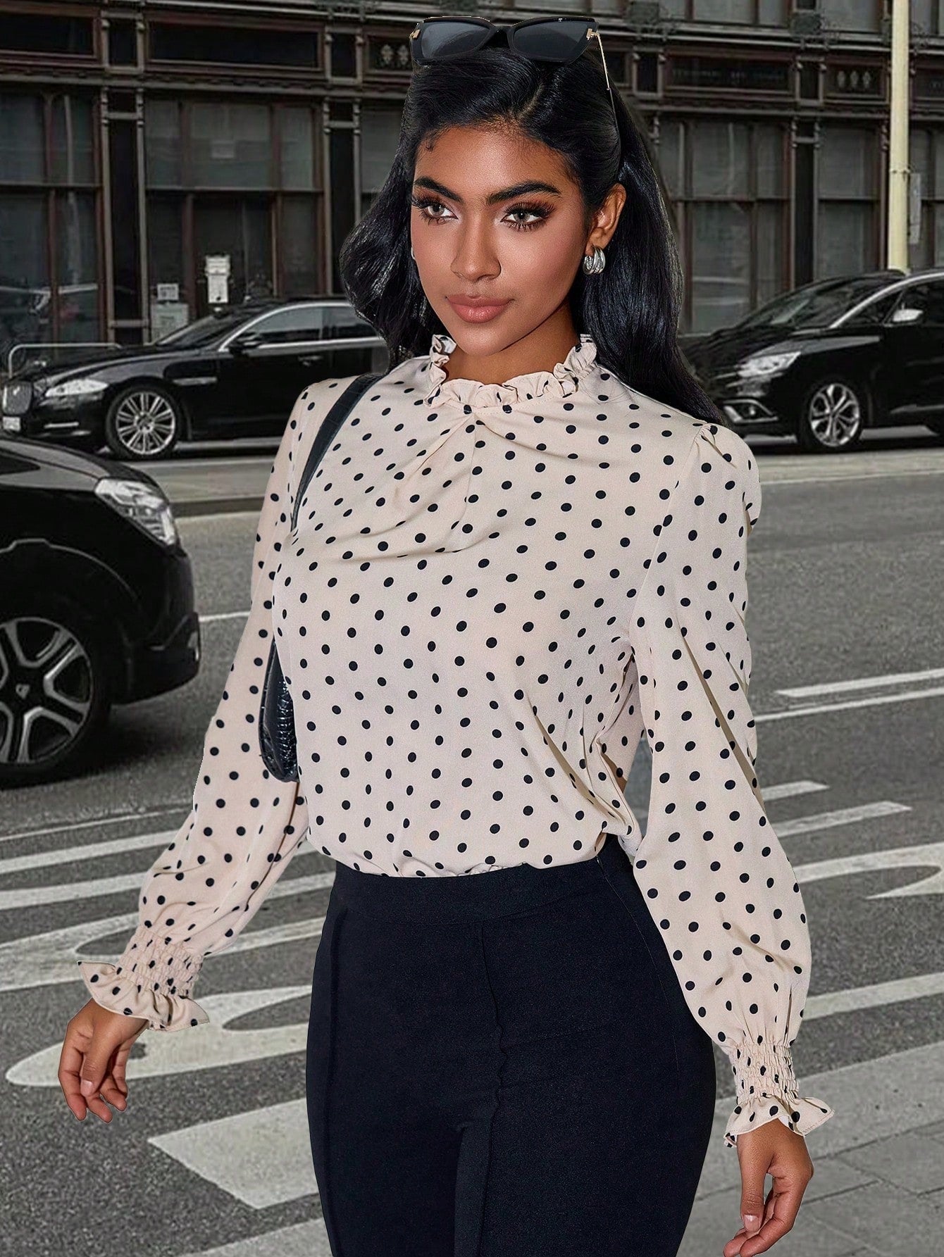 Women's Women Elegant Apricot Polka Dot Blouse High Neck Long Puff Sleeve Top