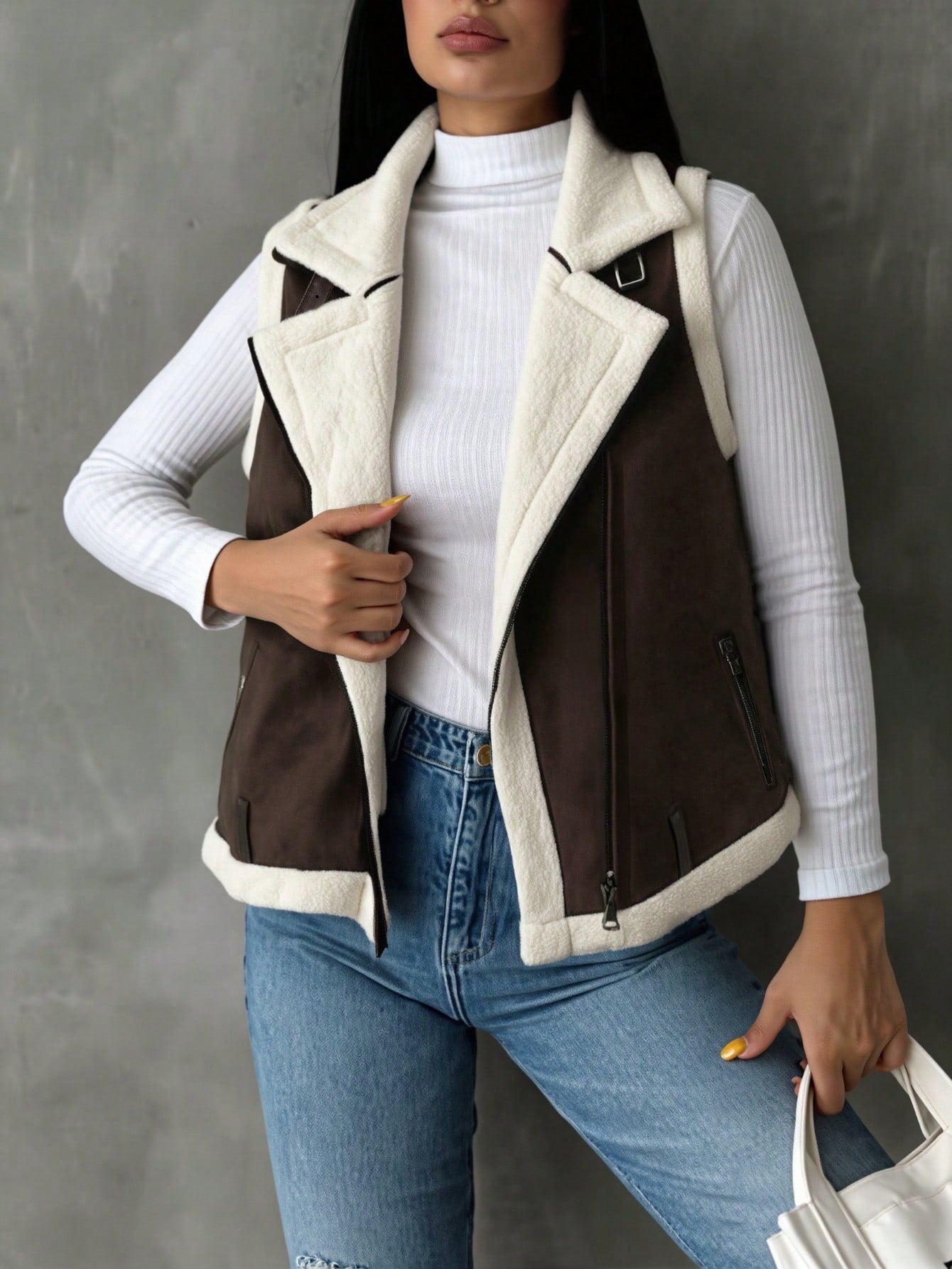 Women's Trendy Two-Tone Brown and White Shearling-Lined Biker Jacket