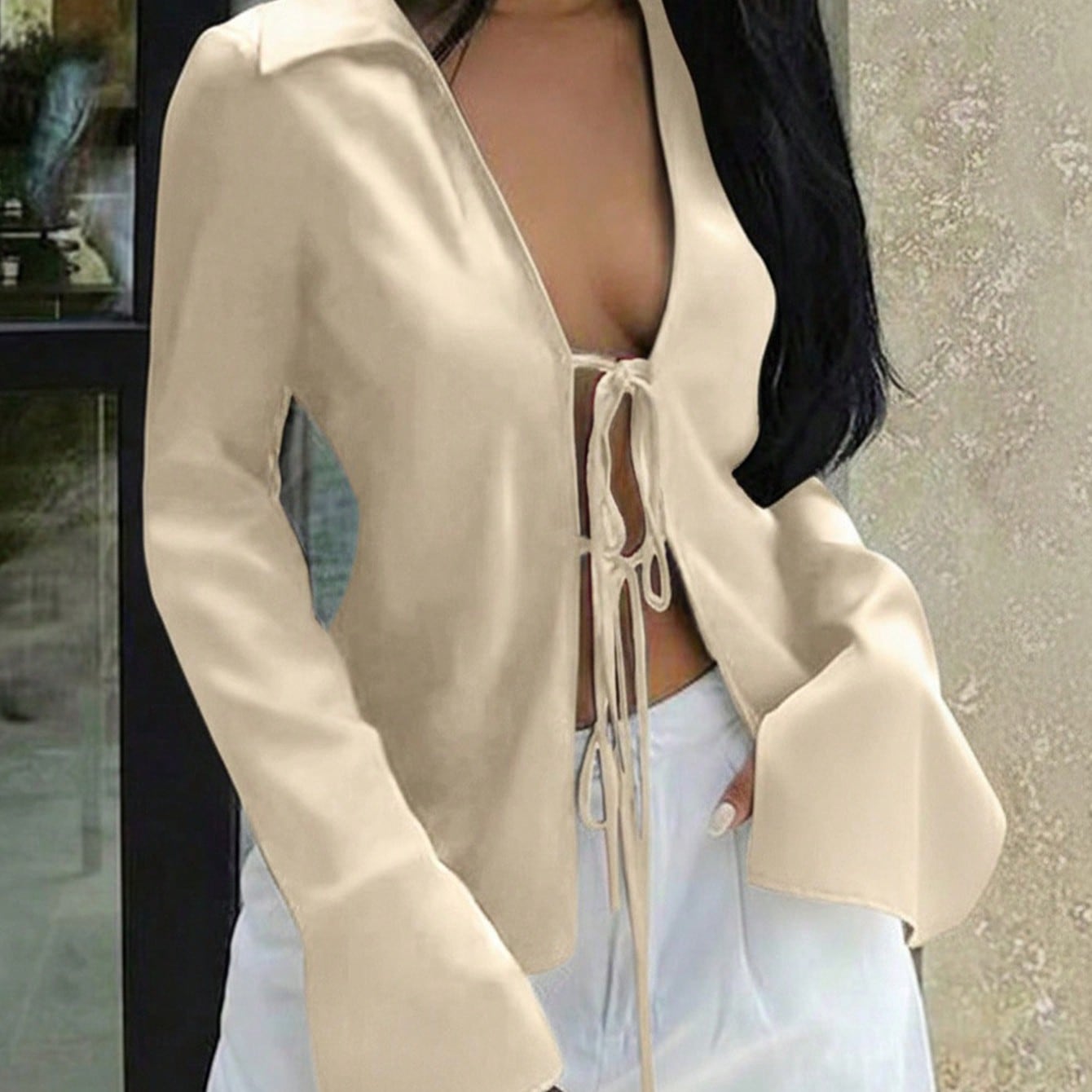 Women's Apricot Satin Tie-Front Long Sleeve Top with V-Neck