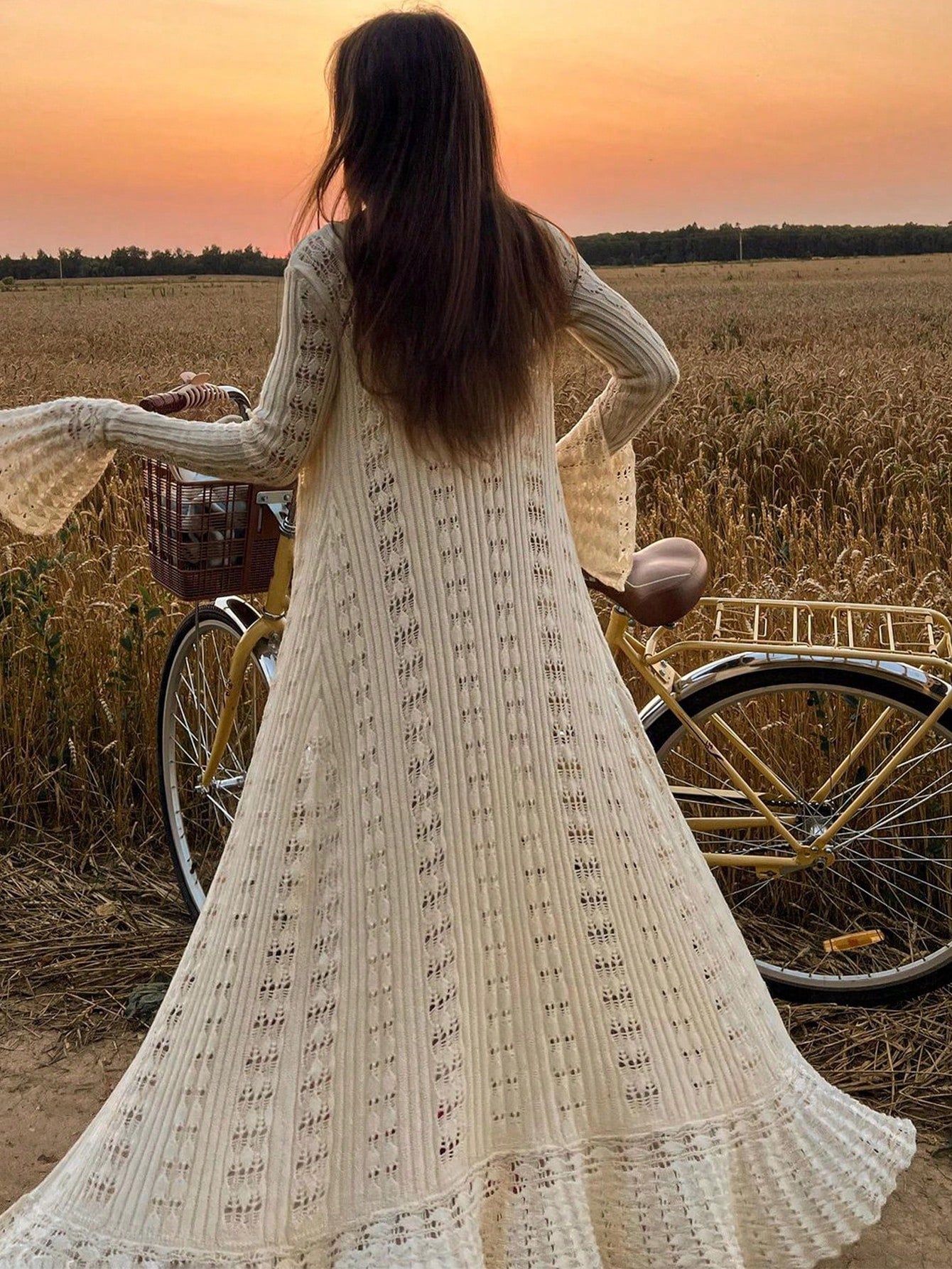 Women's Elegant White Pointelle Knit Maxi Cardigan with Ruffle Hem