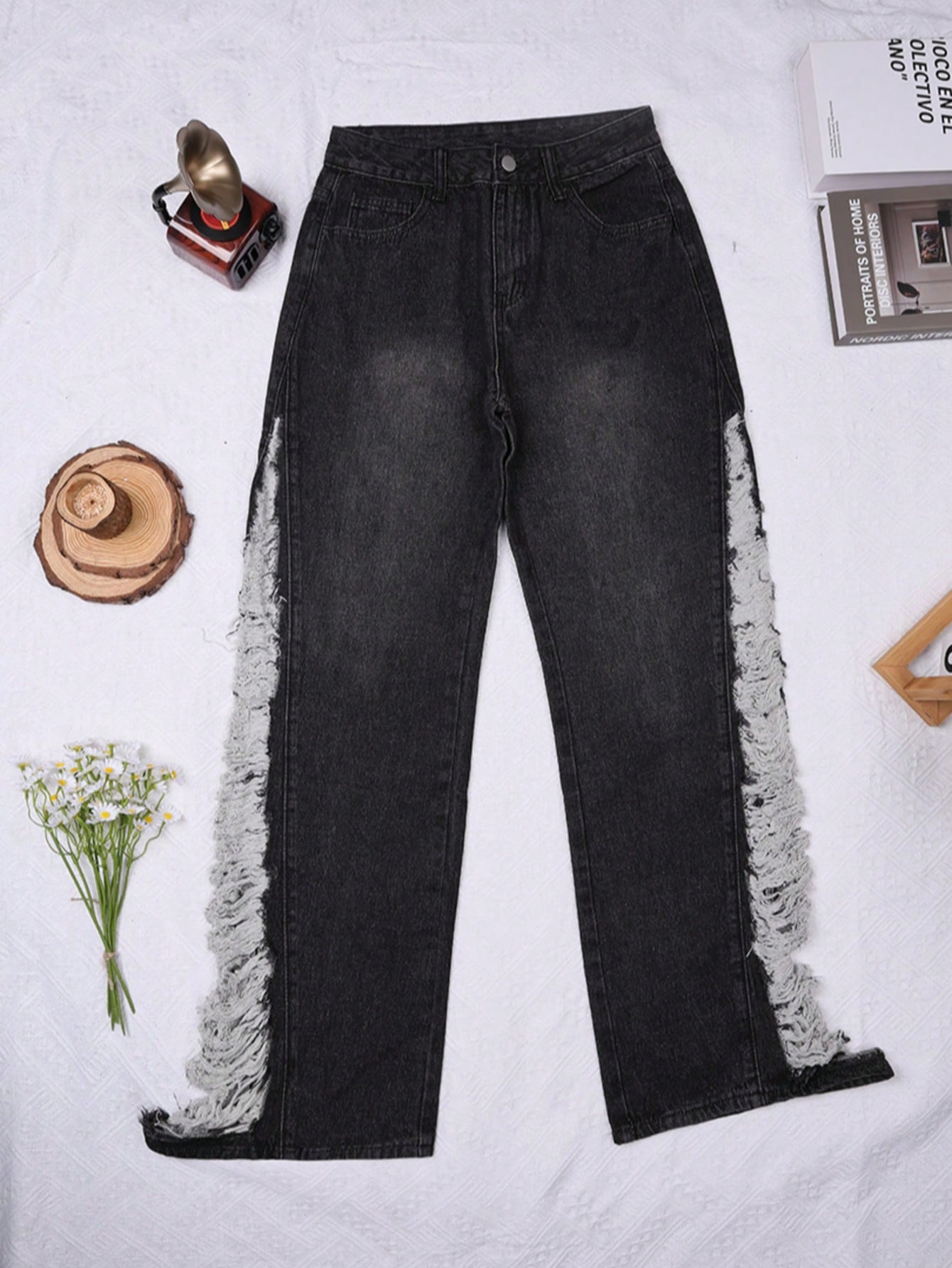 Women's Edgy Ripped Wide Leg Jeans in Black