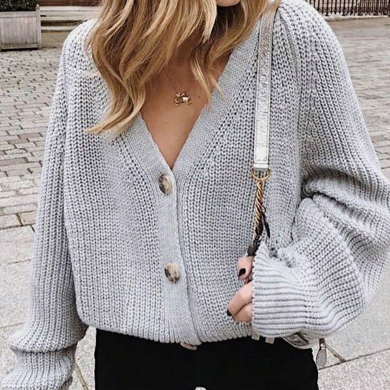 Women's V-Neck Grey Chunky Knit Cardigan with Balloon Sleeves