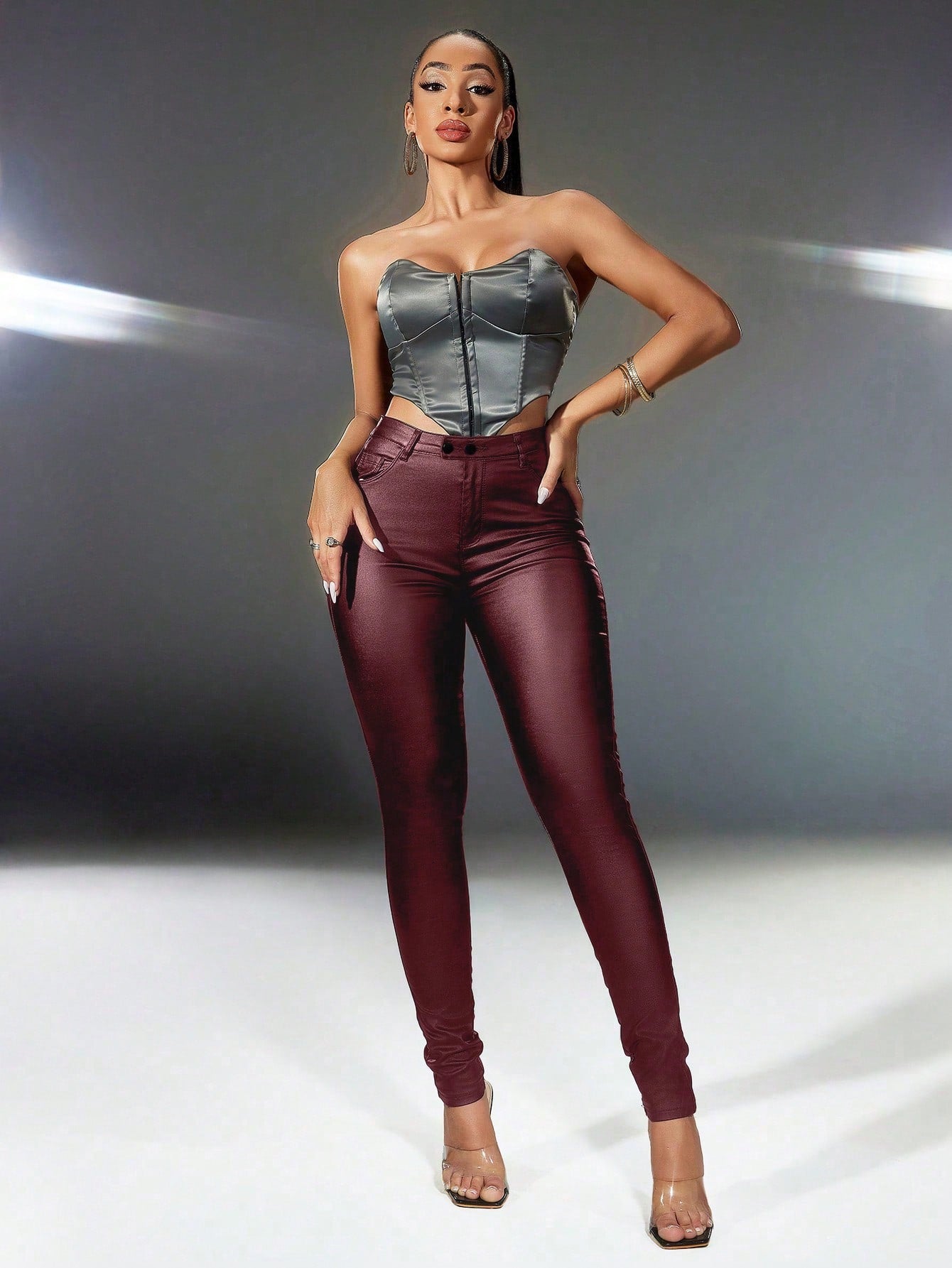 Women's Dark Red Cotton Blend High Waisted Cargo Pants with Buckle Detail