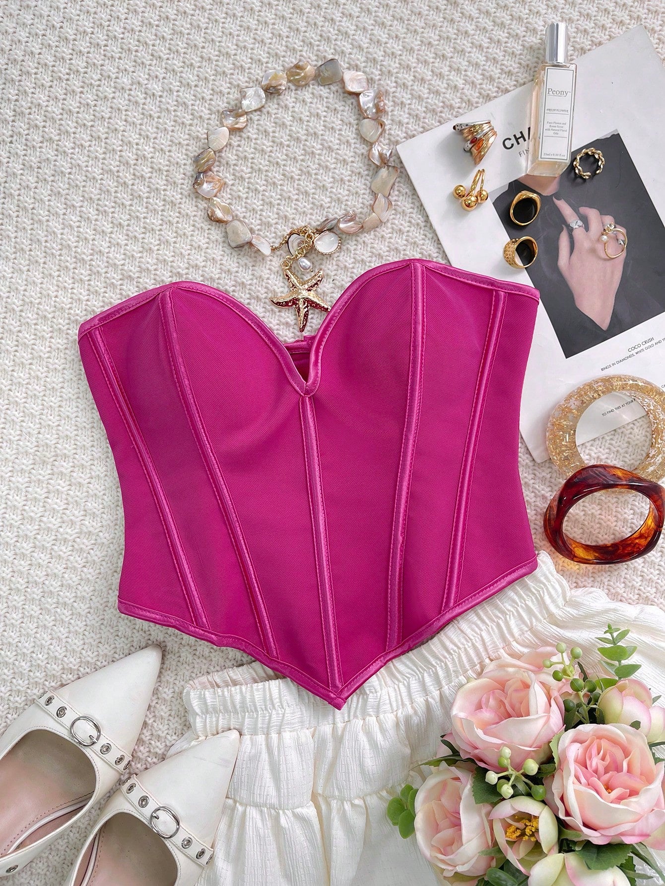 Women's Women Sexy Fuchsia Satin Corset Top Heart Neck Boned Waist Cincher