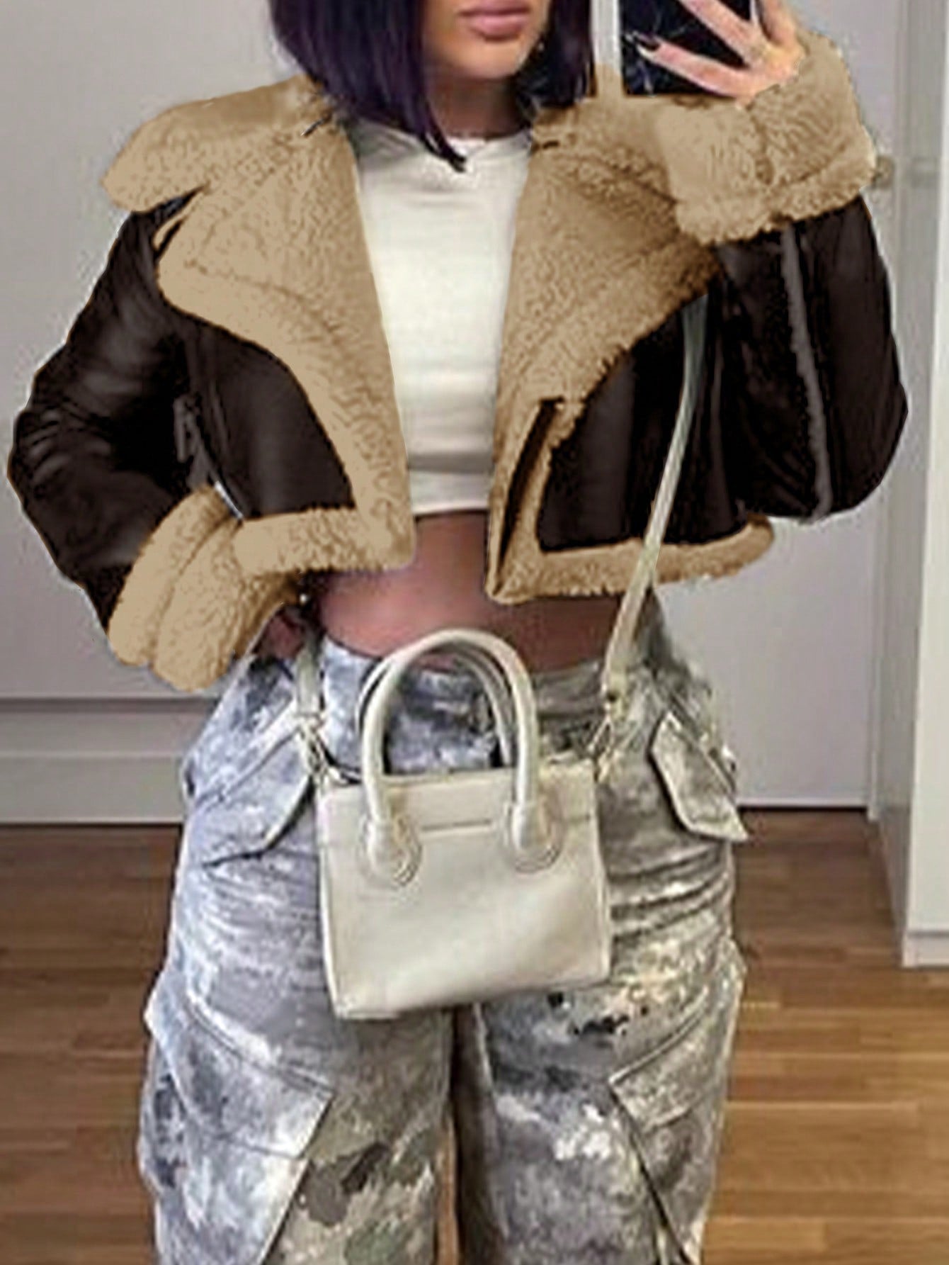 Women's Chocolate Brown PU Leather Cropped Jacket with Faux Fur Trim Winter Coat