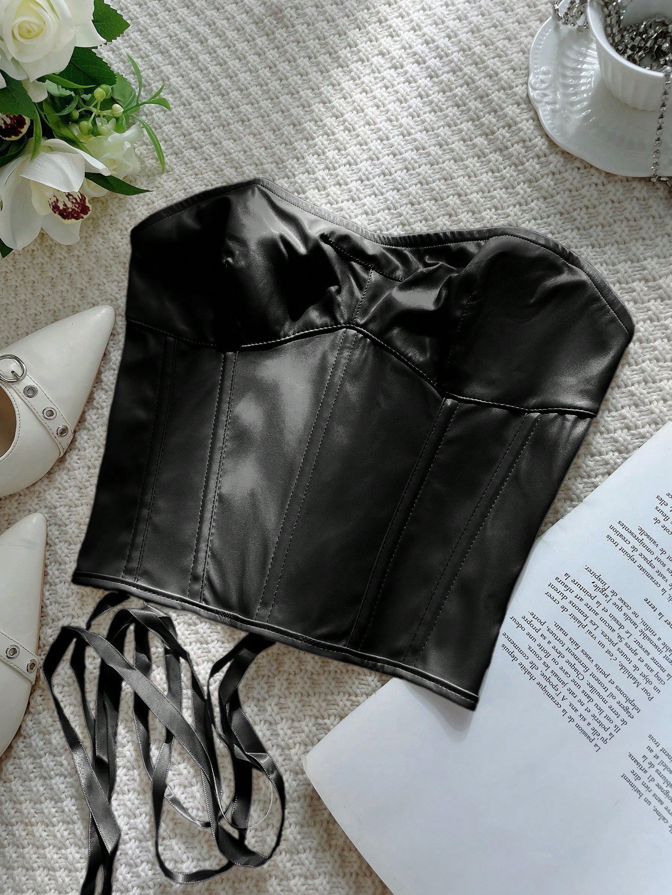 Women's Black Faux Leather Bustier corset top with strapless
