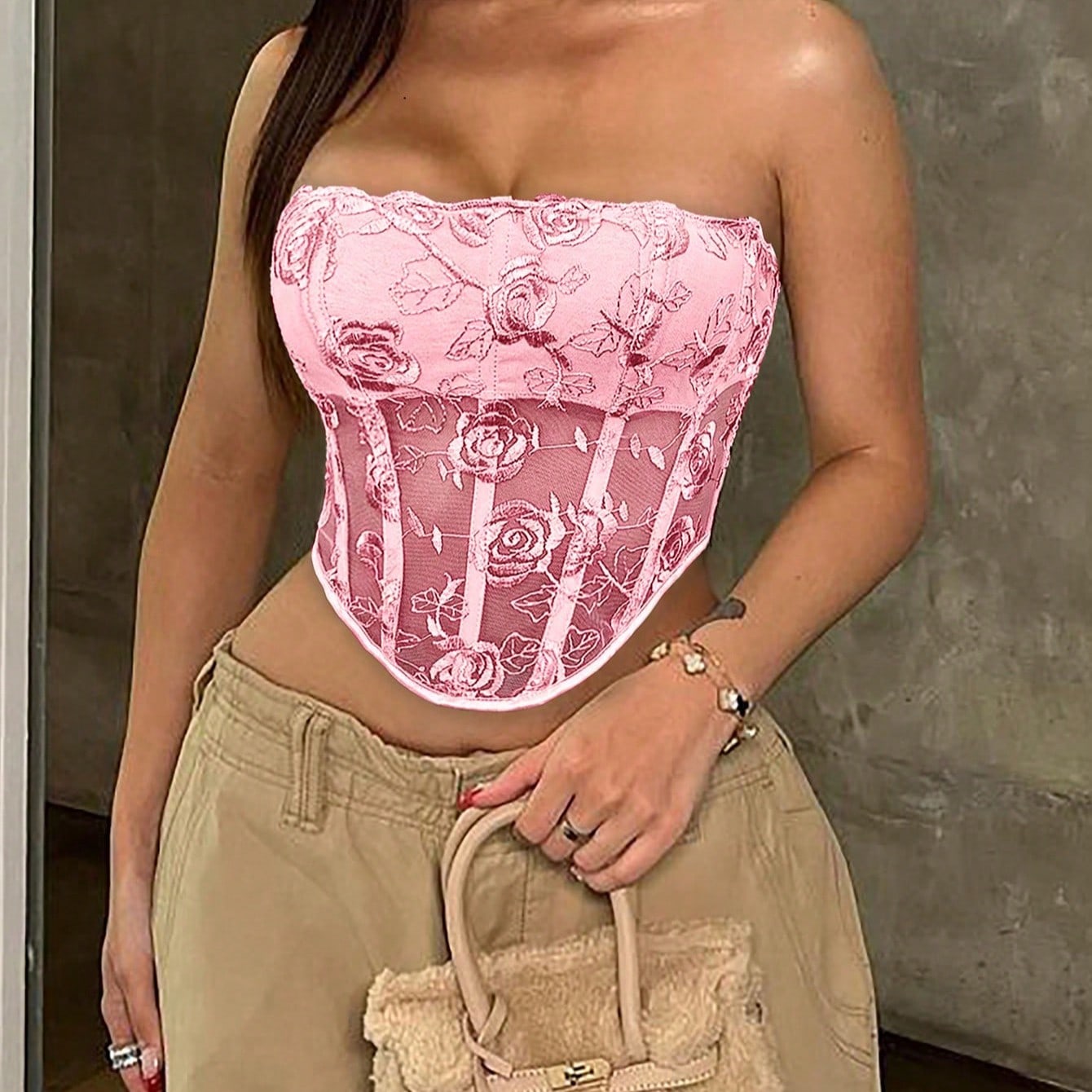 Women's Pink Mesh Sheer Boned Strapless Corset