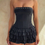 Women's Black Strapless Ruffled Mini Dress - Corset-Style Casual Party Dress