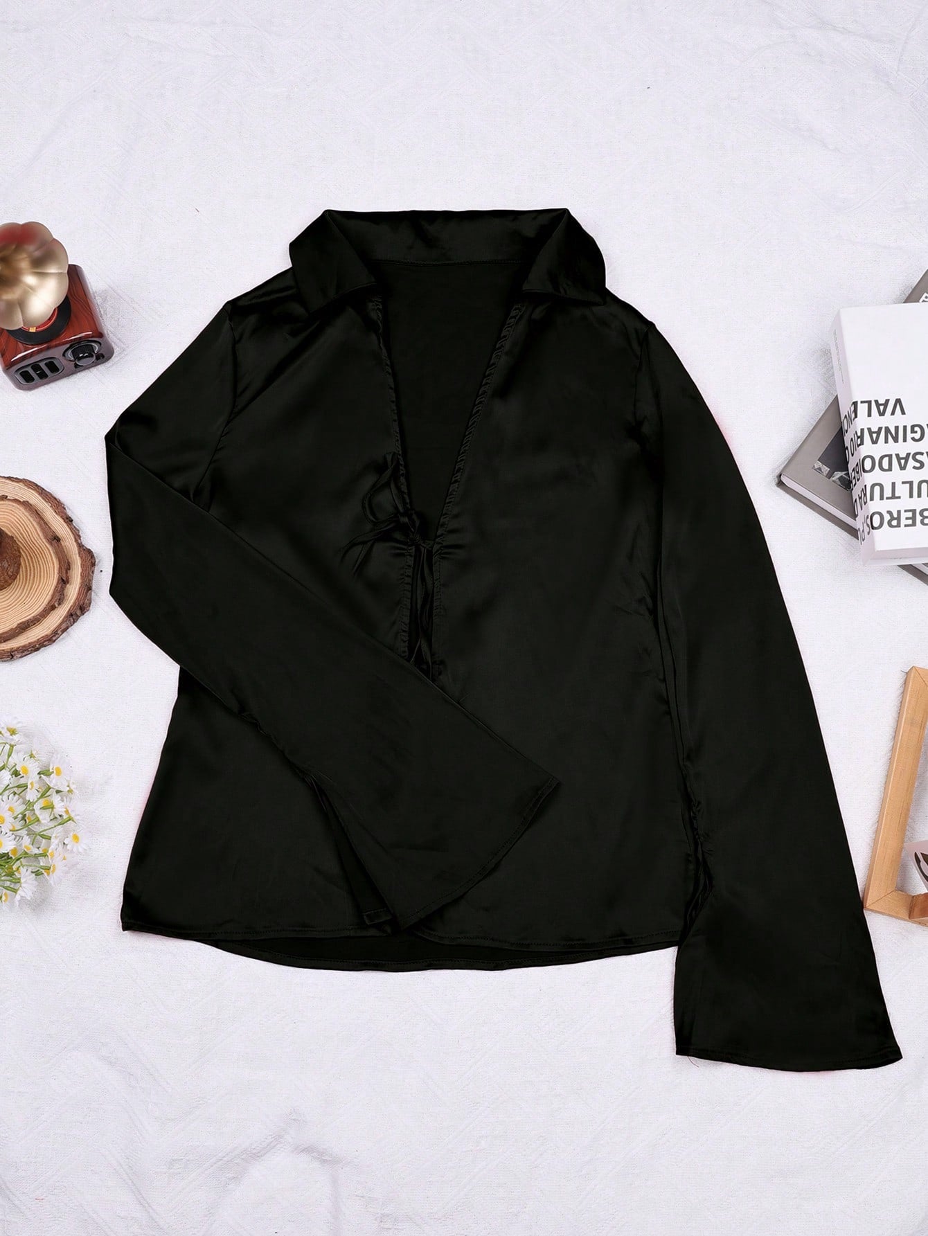 Women's Black Satin Tie-Front Long Sleeve Top with V-Neck