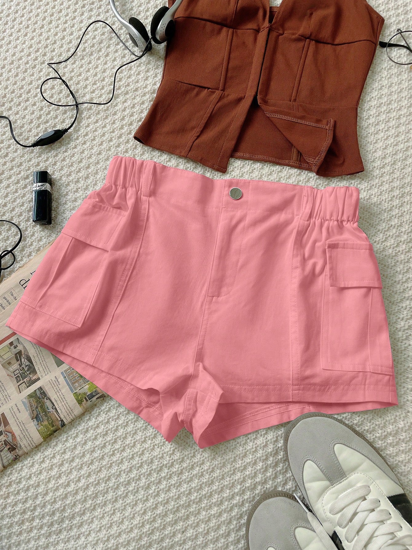 Women's Pink 100% Cotton High Waisted Multi-Pocket Cargo Shorts