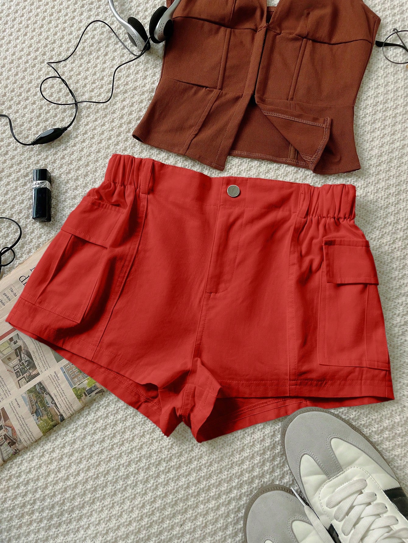 Women's Women Red Casual Cargo Shorts with Pockets Elastic Waist Mini Shorts