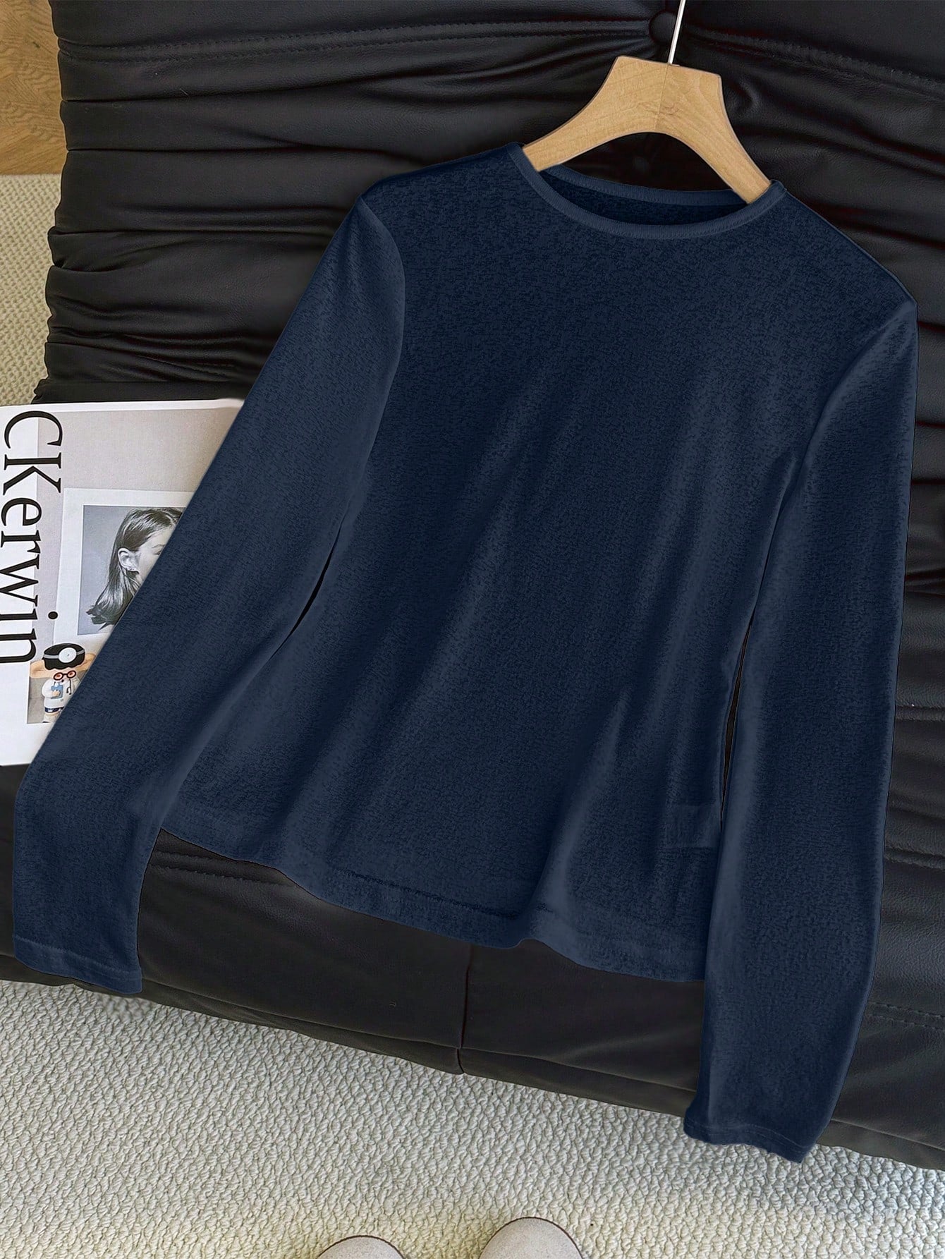 Women's Women Basic Navy Blue Long Sleeve T-Shirt Slim Fit Crew Neck Tee