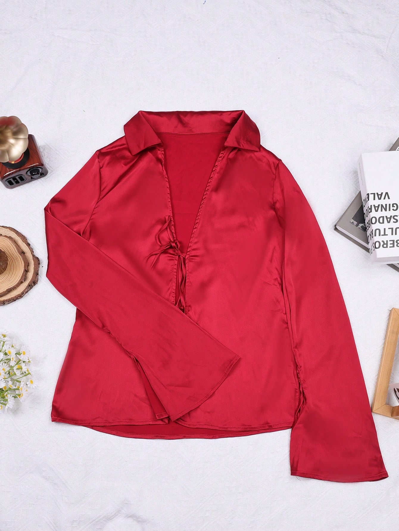 Women's Dark Red Satin Tie-Front Long Sleeve Top with V-Neck