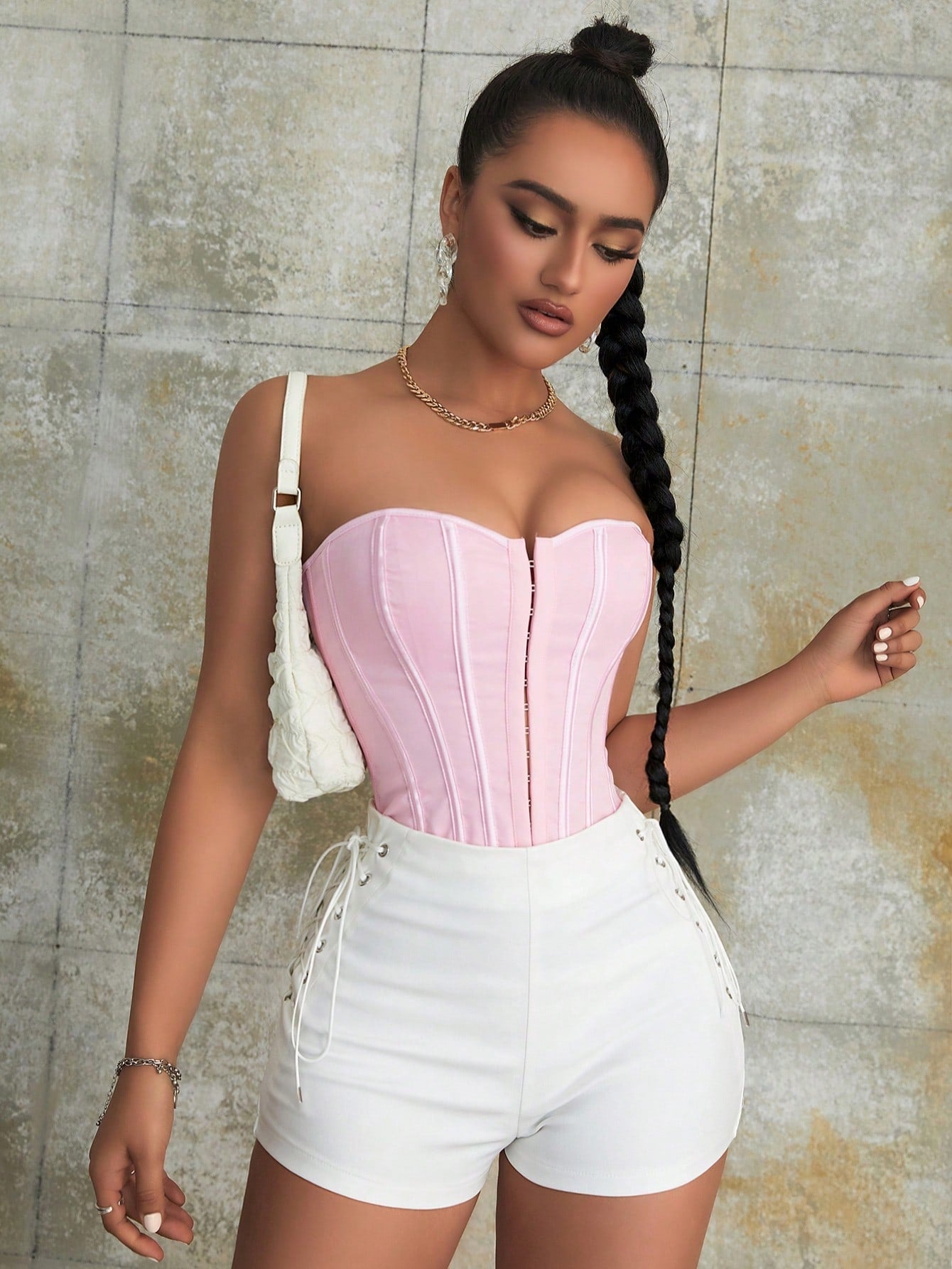 Women's White High-Waist Side Lace-Up Eyelet Hot Pants